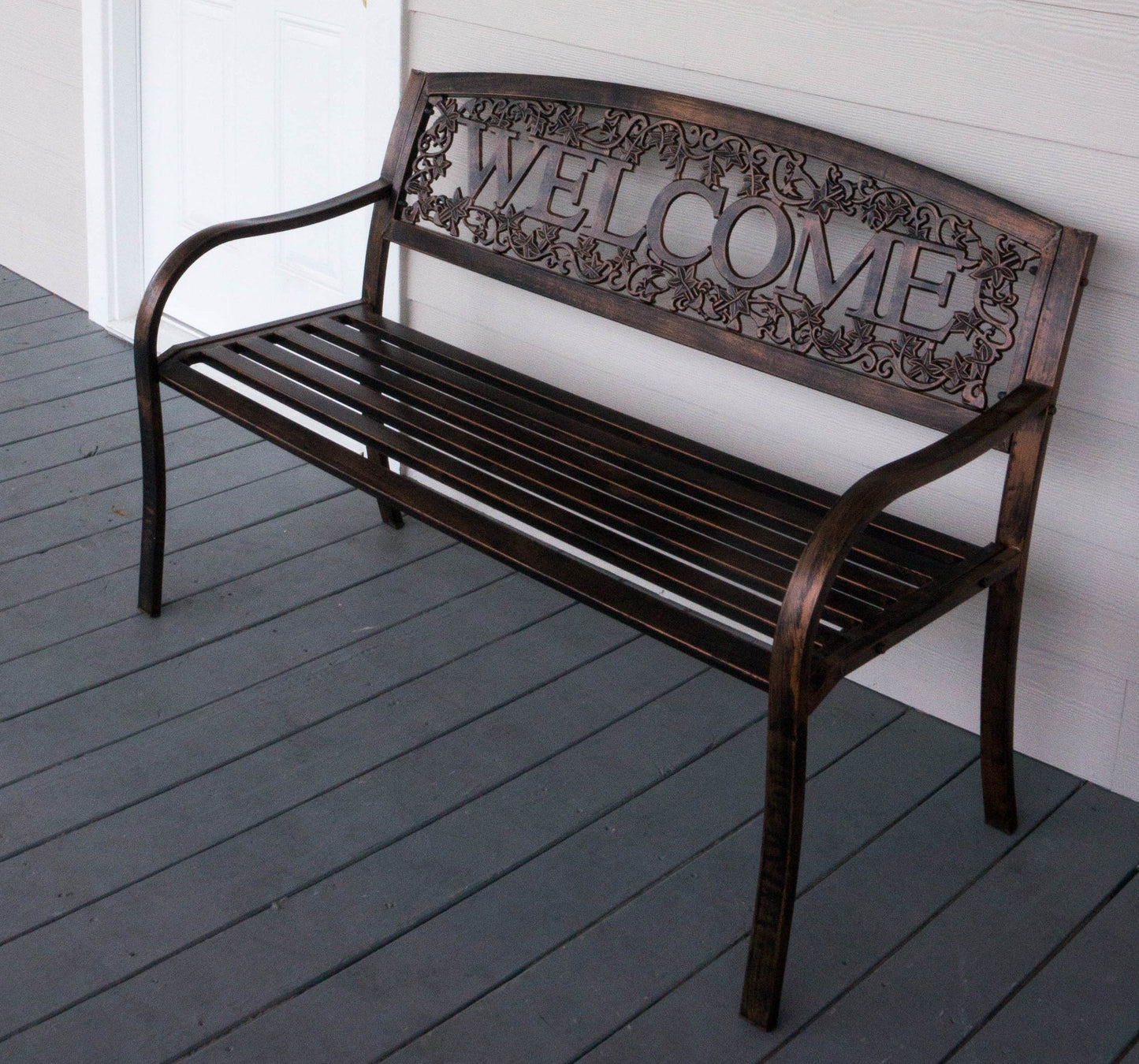 Leigh Country Metal Outdoor Bench, Welcome Design, Decorative Patio Seating for Porch/Deck