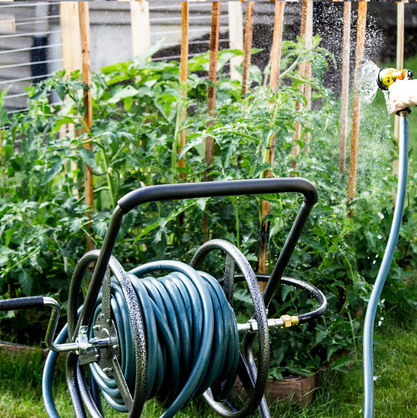 Backyard Expressions 2‑Wheel Garden Hose Reel Cart, Portable Hand‑Crank Hose Reel, Rust‑Resistant Hammertone Gray Finish, Brass Connectors