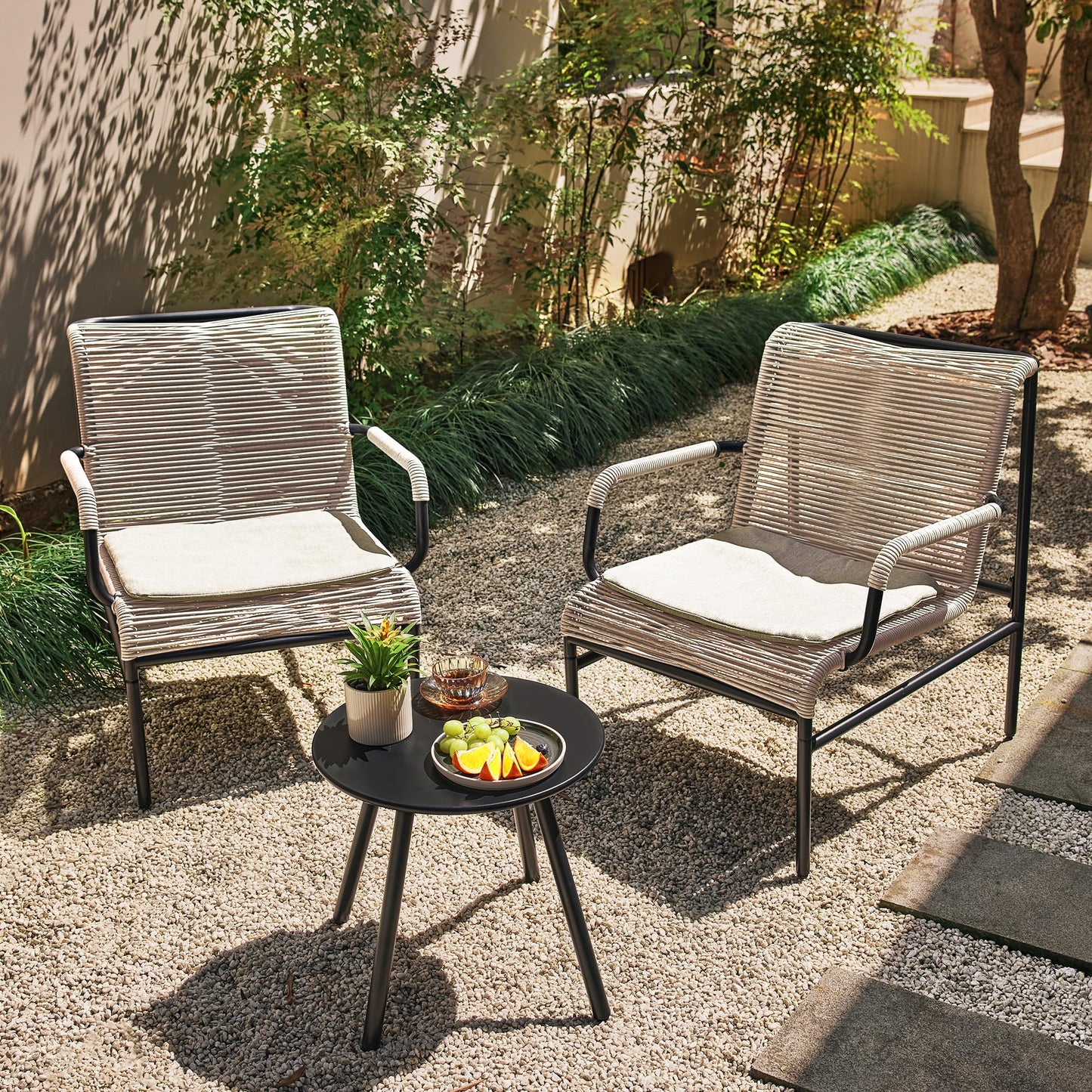 East Oak 3-Piece Patio Furniture Set, Outdoor Bistro Set with PE Rattan Wicker Wide Chairs, Soft Pads & Coffee Table, Modern All-Weather Wicker Patio Set for Garden and Porch, Creamy Apricot