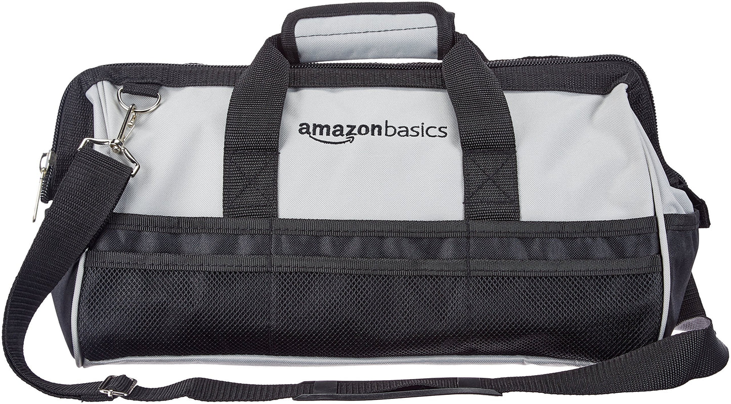 Amazon Basics Durable Wear-Resistant Tool Storage Bag with Adjustable Shoulder Strap, Portable Tool Organizer, 16 in, Black & Grey