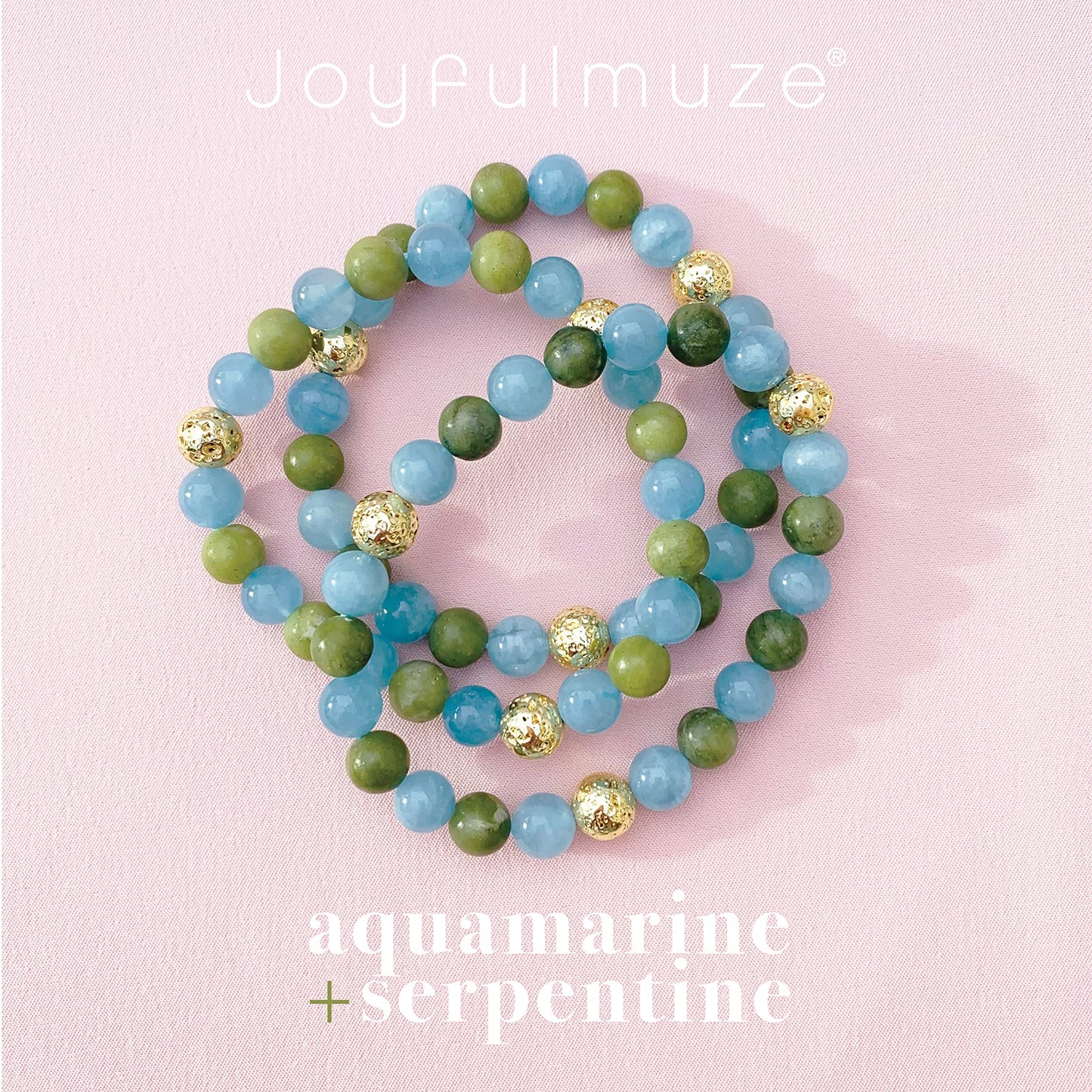 Joyfulmuze Aquamarine Serpentine Stretch Bracelet, Natural Blue and Green Round Gemstone, Handmade Spiritual Jewelry for Women Men, Gold Lava Beads, 17cm length (Aquamarine-Serpentinite-Lava Stone)