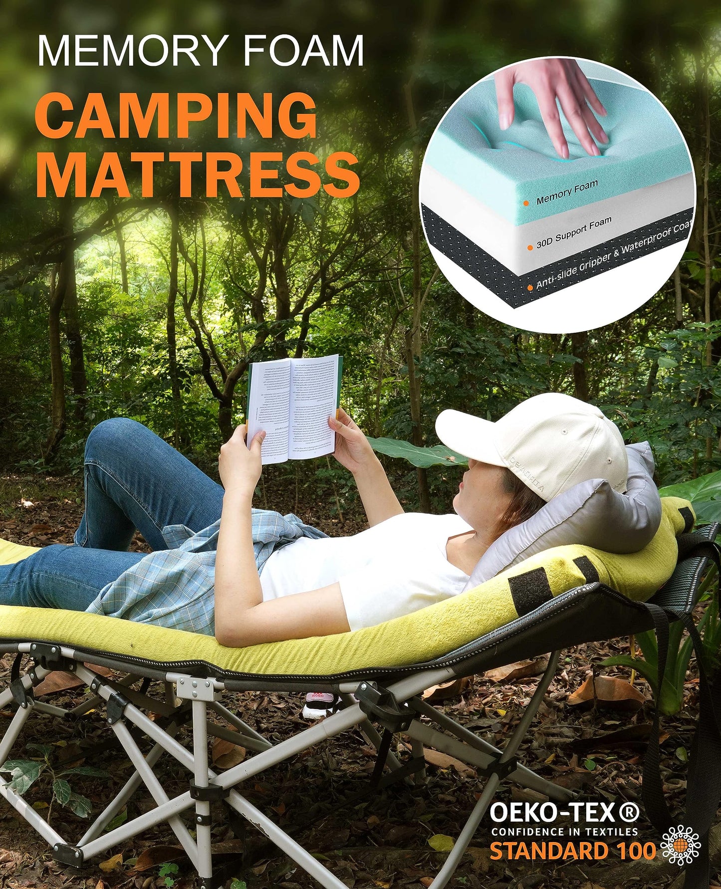 GAIALOOP 3 Inch Memory Foam Camping Mattress, Dual Layer Thick Sleeping Camp Pad for Car Tent Cot, Roll-Up Portable Glamping Floor Bed for Guests Sleepover[Cot: 72 * 24 * 3"]
