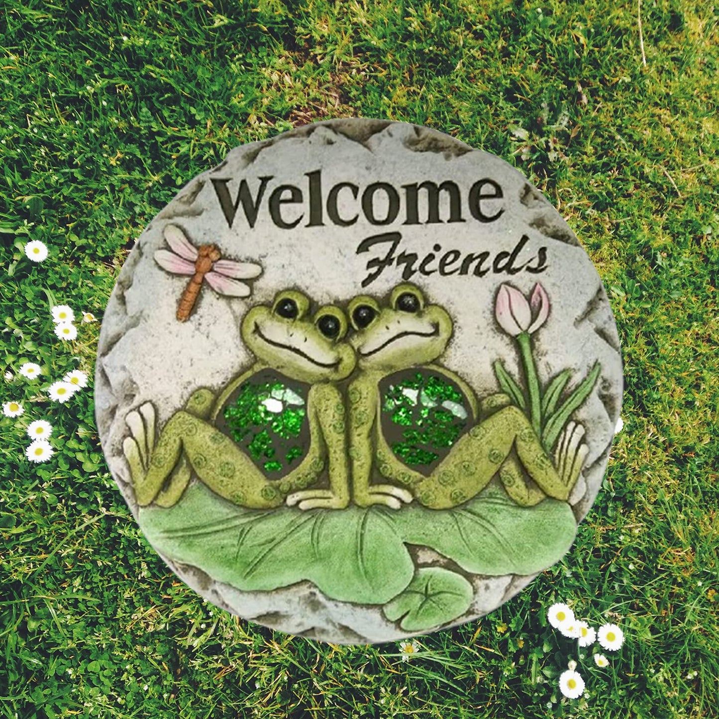 Comfy Hour 10" Frog Garden Stepping Stone, Welcome Friends Concrete Decorative Plaque, Artisan Crafted Walkway Accent for Outdoor Patio & Lawn, Green & Grey, 1 Unit