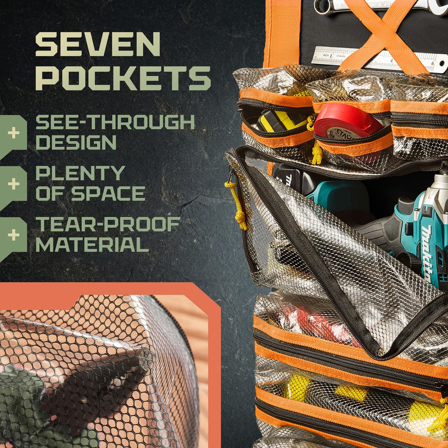 Myolnir Roll Up Tool Bag Organizer With Kickstand - Full-Size 25" Heavy Duty Tool Roll Bag - Portable Rollup Toolbag With Magnetic Panels & Transparent Pockets - Mechanic & Electrician