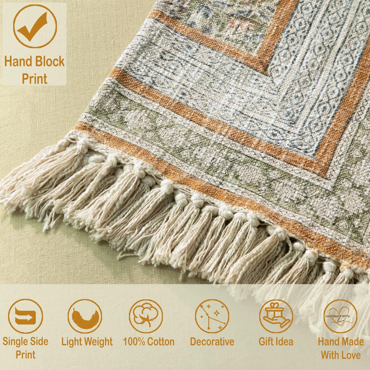 HOME WIBE 100% Pure Cotton Handblock Printed Throw Blanket, Soft 50" x 60" Fringed Floral Print Throw for Couch, Sofa, Chair, Bed - Cozy, Machine Washable, Comfortable Home Decor