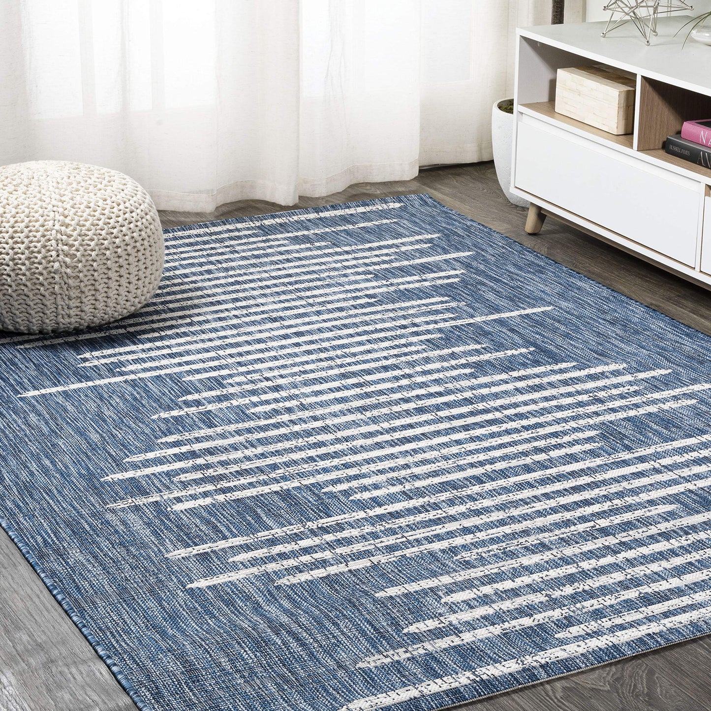 JONATHAN Y Stripe Geometric Indoor Outdoor Area Rug 4X6 Blue/Ivory, Zolak Berber for Backyard, Patio, Porch, Easy-Cleaning, High Traffic, Pet-Friendly, Non-Shedding (SMB124C-4)