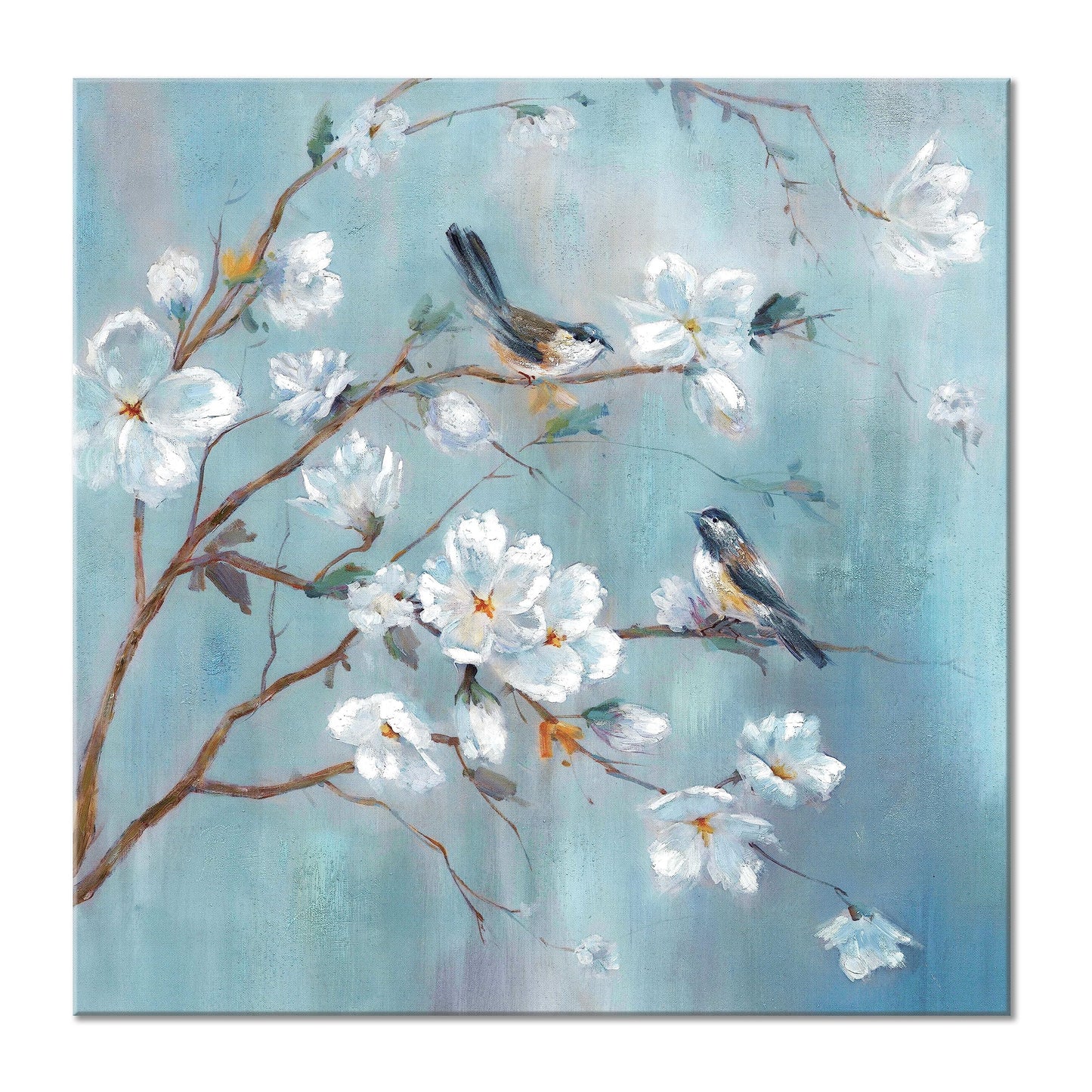 White Floral Canvas Artwork Wall: Elegant Flower Tree and Birds Wall Art Painting for Living Room (12'' x 12'' x 1 Panel)