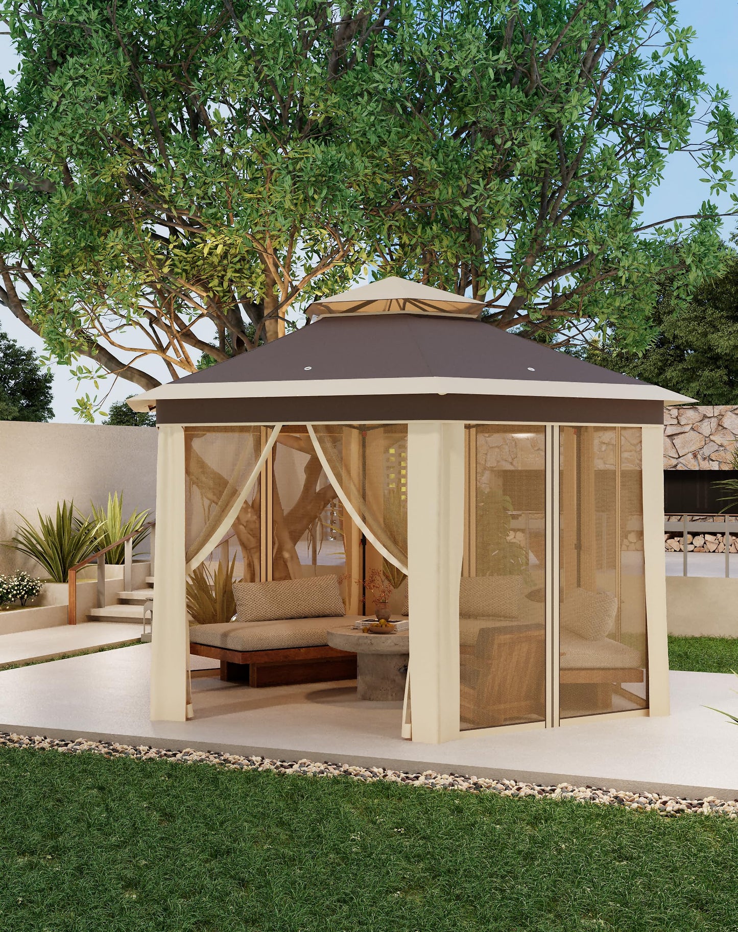 Hipicute 13 x 13 Ft Pop Up Hexagonal Gazebo, Outdoor Canopy Shelter, Pop up Gazebos Tent with Netting and Strong Steel Frame for Patio Lawn Backyard and Deck - Khaki