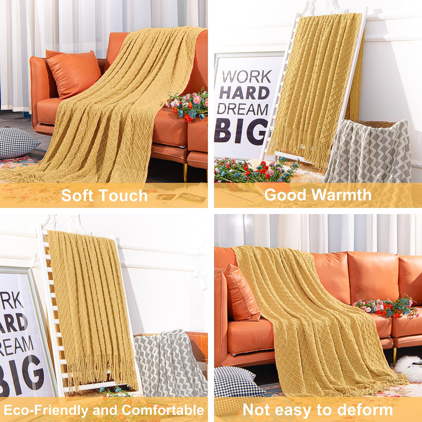NTBAY Acrylic Knitted Throw Blanket, Lightweight and Soft Cozy Decorative Woven Blanket with Tassels for Travel, Couch, Bed, Sofa, 51x67 Inches, Mustard Yellow Checkered