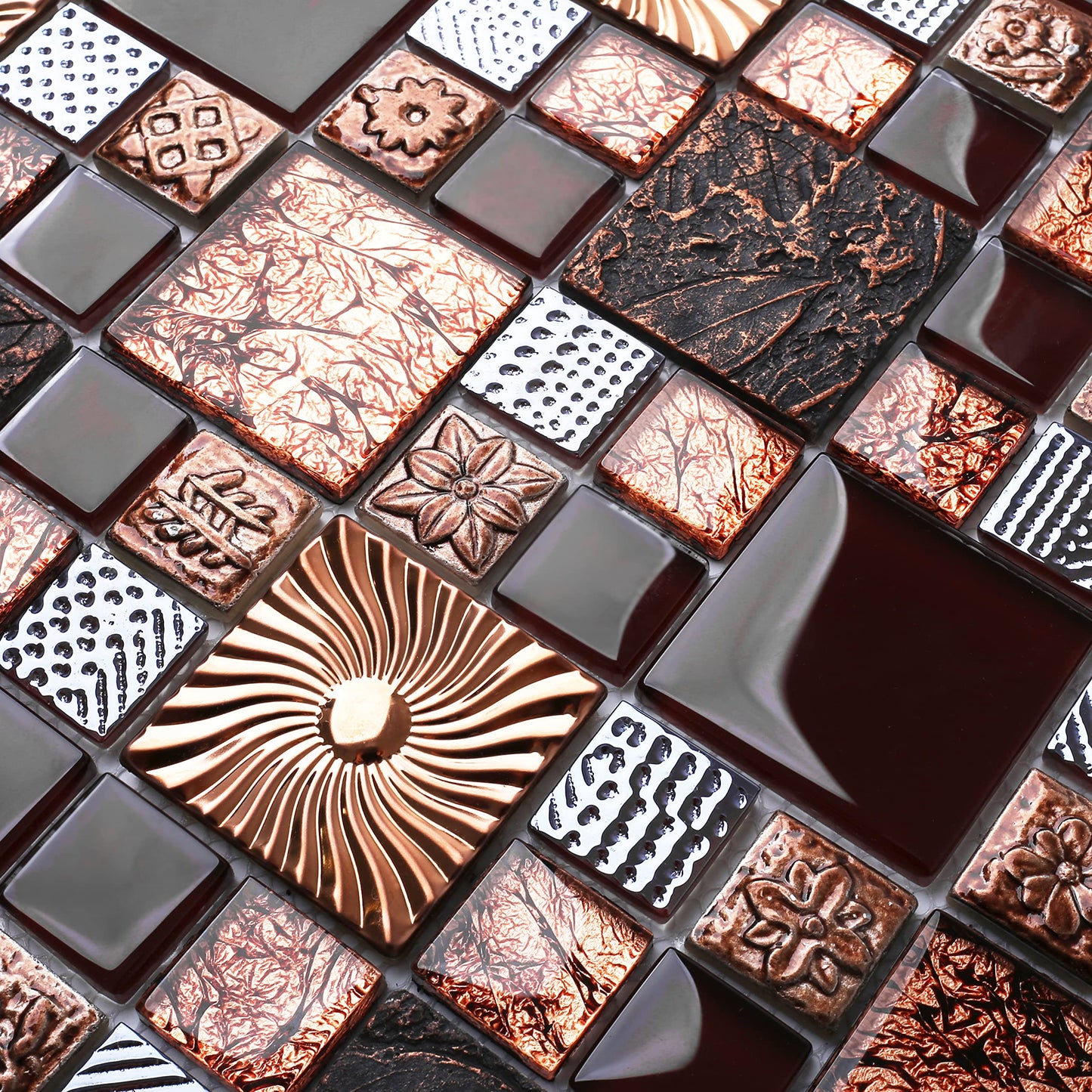 Blujellyfish Red Wine Colors Glass Tile 2'' x 2'' Leaf Carving Imprints Antique Mosaics Textured Rose Gold Metal Kitchen Bathroom Walls Backsplash Tiles (Pack of 5 Square Feet)