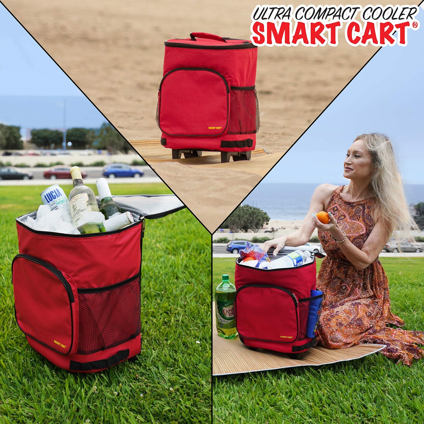 dbest products Ultra Compact Cooler Smart Cart, Red Insulated Collapsible Rolling Tailgate BBQ Beach Summer