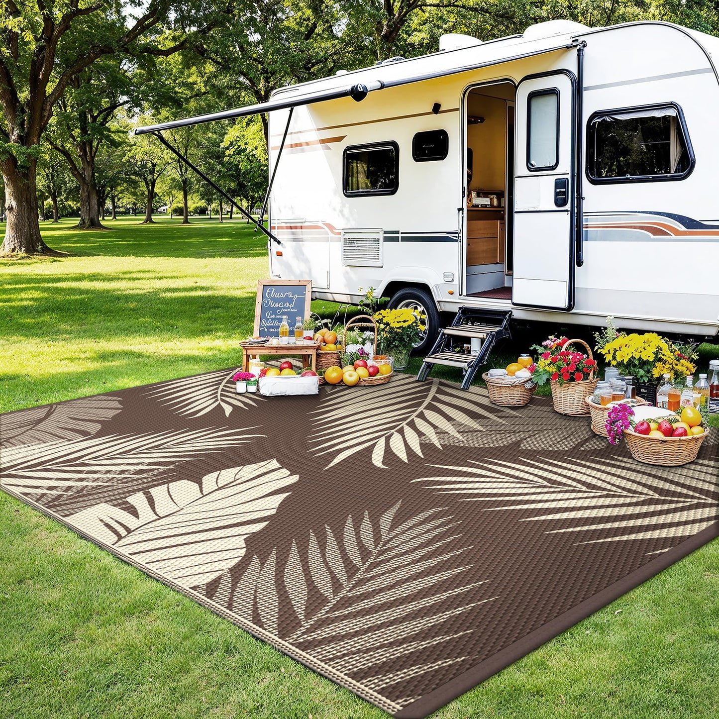 sarben Outdoor Rug 9' x 12' Waterproof for Patios Clearance, Reversible Plastic Straw Indoor Outdoor Rug for RV, Picnic, Backyard, Deck, Balcony, Porch, Beach, Coffe and Beige
