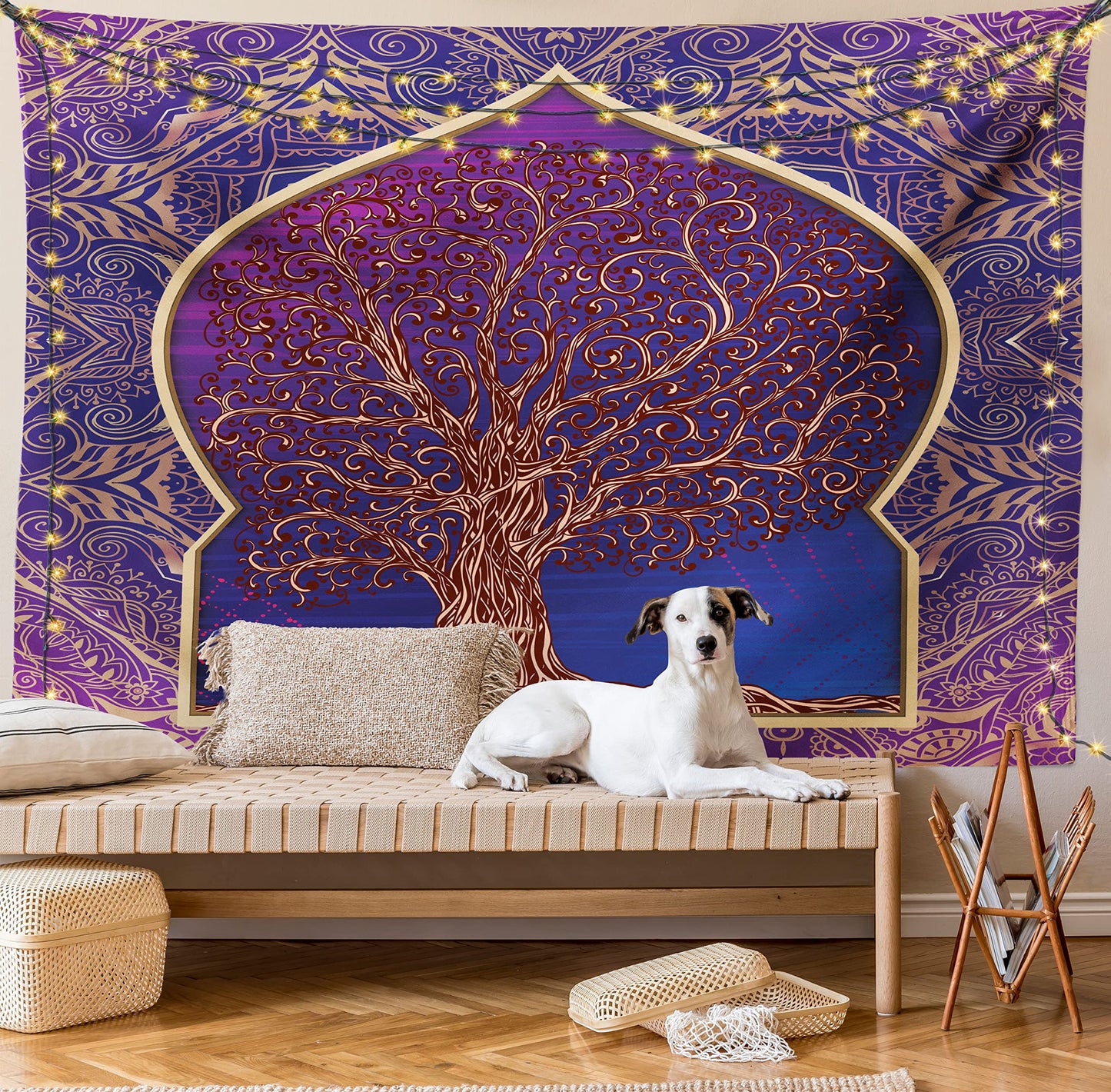 Ambesonne Ethnic Tapestry, Tree with Curved Leafless Branches Exotic Moroccan Arch Retro Art Design Print, Fabric Wall Hanging Decor for Bedroom Living Room Dorm, 28" X 23", Purple and Blue