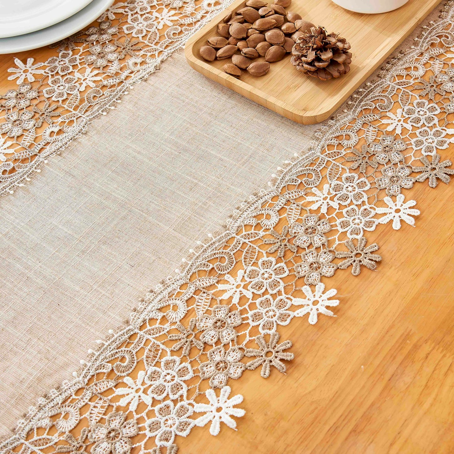 Winotic Natural Neutral Earth Tones Beige Floral Lace Table Runner Dresser Scarf 36 inches Long for Home Decor (16” x36”, Natural)