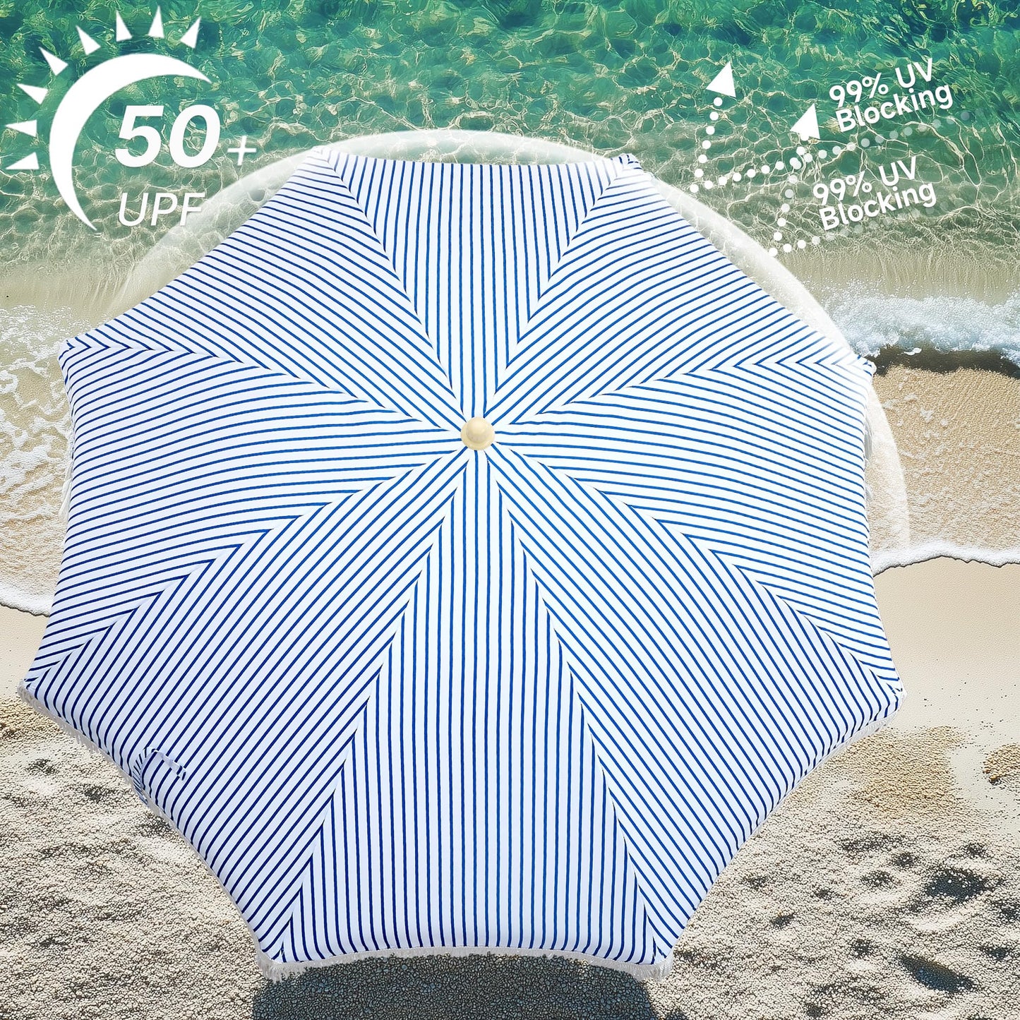 Kbrellaoutlets Patio Umbrella with UPF 50+ Protection, 8 Ribs, Push Button Tilt - Versatile Outdoor Shade for Garden, Courtyard, and Beach (Blue Pinstripe)