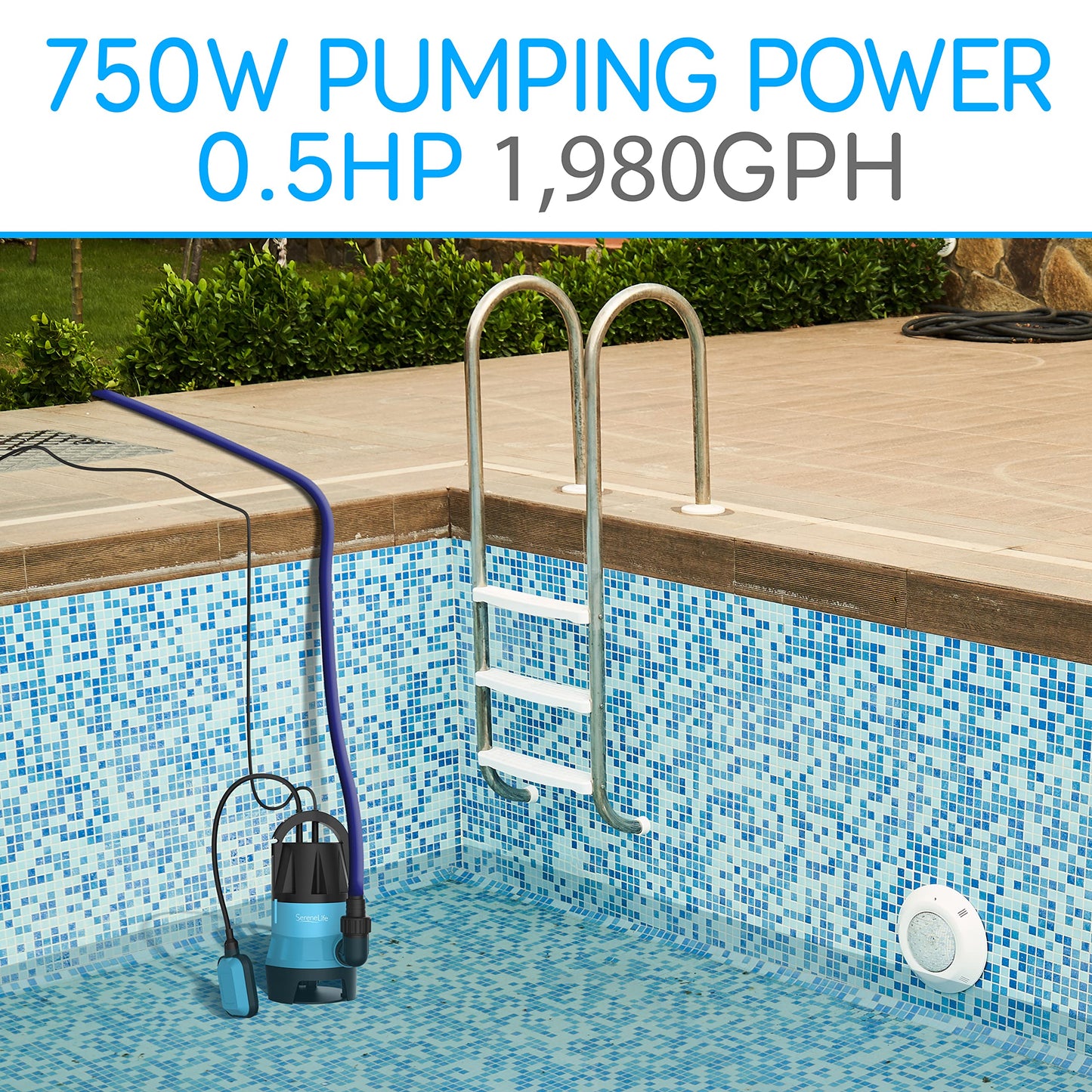 SereneLife 400W Submersible Pump Clean Dirty Water Powerful Utility Sump Pump Auto Float Switch,16 ft. Cord, Basement, Yard, Swimming Pool, Pond, Flooded Area, Garden or Flat Hose