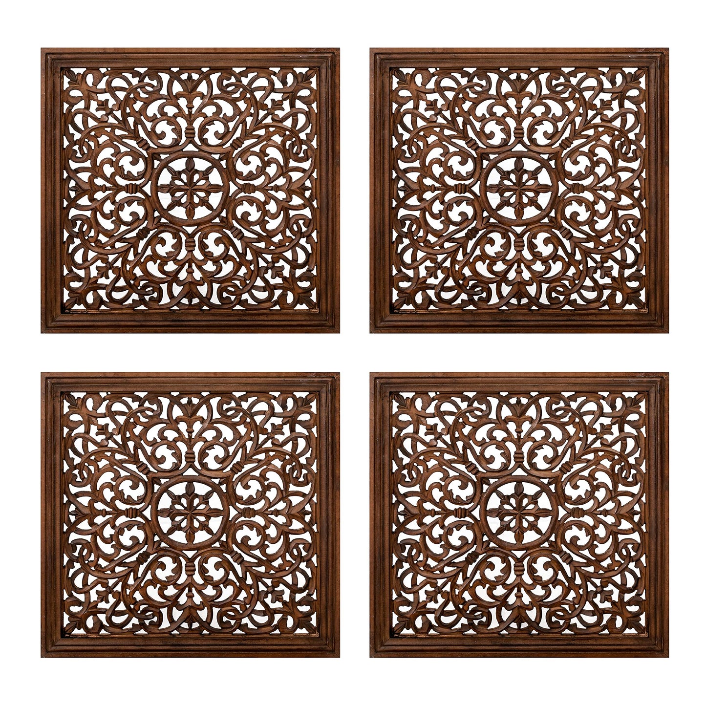 The Wooden Town Kashmiri Wall Décor – Set of 4 (16x16 Inch) | Handcrafted Wooden Wall Panels & Hanging Plaques for Living Room, Home & Office | Burnt Finish Decorative Art for Walls