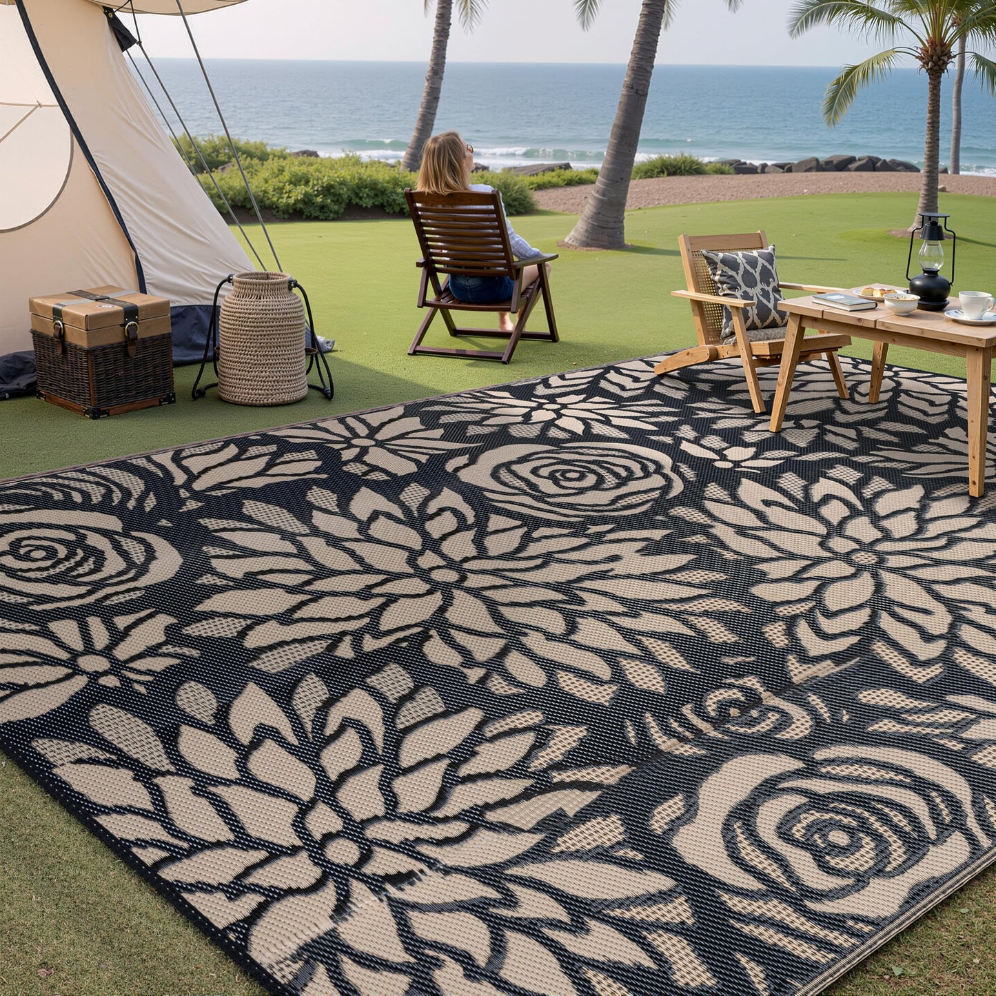 WondRg Outdoor Plastic Straw Rug Waterproof Patio 9x12 Black Brown Floral Mat for Porch Camping RV Balcony Deck Courtyard Reversible Lightweight Durable Portable Carpet