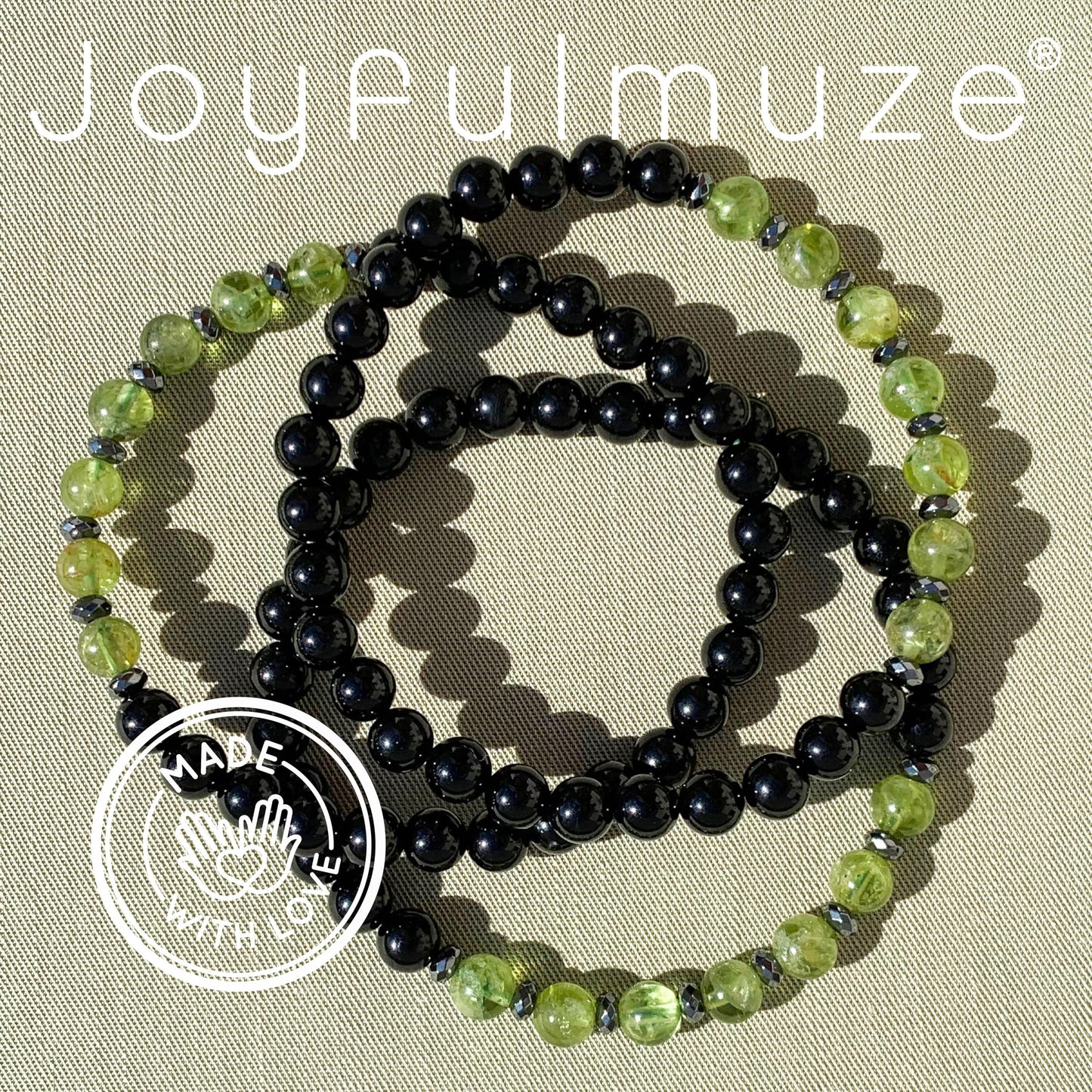 Joyfulmuze Men Gemstones Stretch Bracelet, Peridot Hematite Black Tourmaline, Handmade Spiritual Jewelry for Men, Natural Black Green Gems, Healing Chakra Bracelet, Fits 7-8.5" (peridot tourmaline)