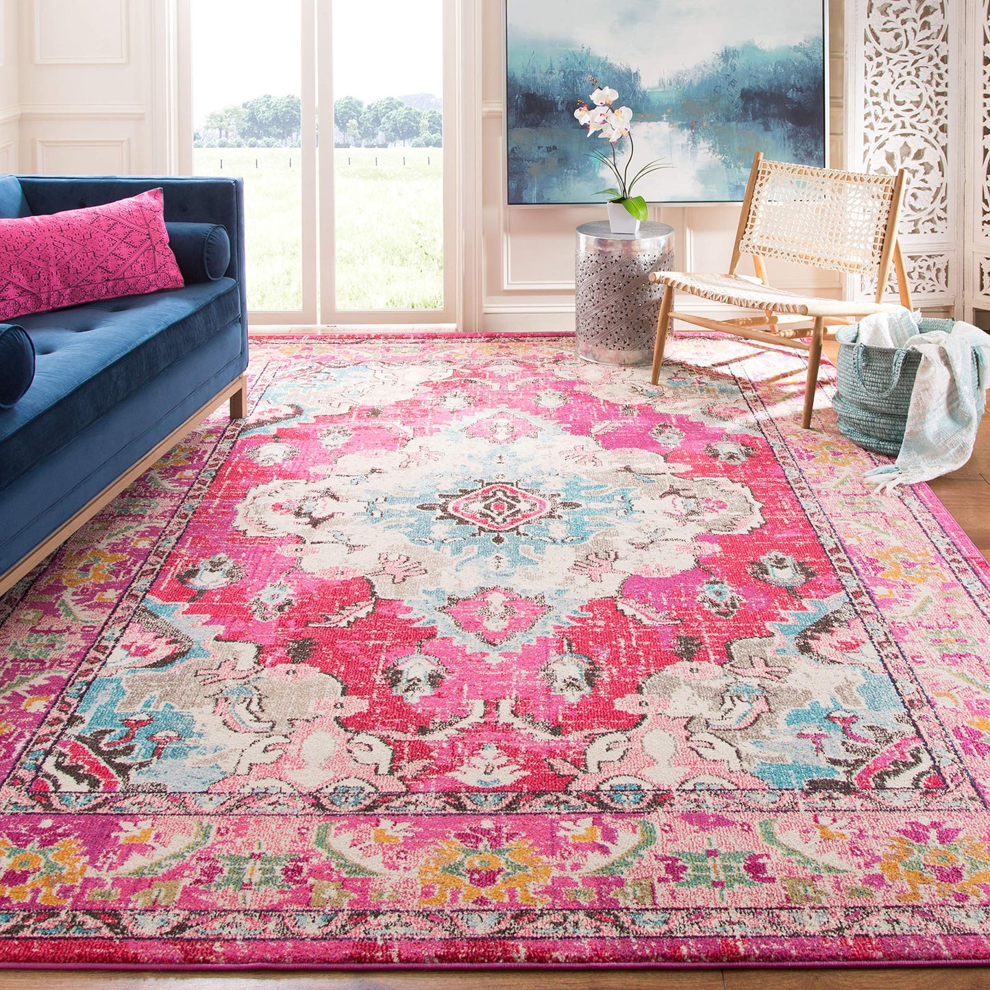 SAFAVIEH Monaco Collection Area Rug - 3' x 5', Pink & Multi, Non-Shedding & Easy to Clean, Distressed Medallion Design, Ideal for Living Room, Bedroom, Dining Space (MNC243D)