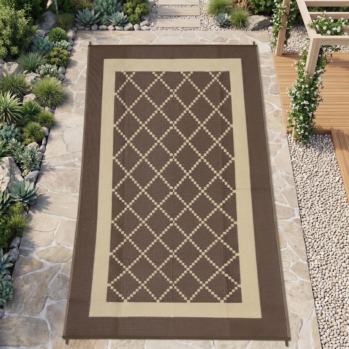 IDEALHOUSE Outdoor Rug, 320GSM PP Plastic Straw Mat, Modern Cross Grid Pattern, Waterproof Breathable Floor Mat, Lightweight Foldable Carpet for Patio Camping RV Backyard, Russet Brown, 9x18ft