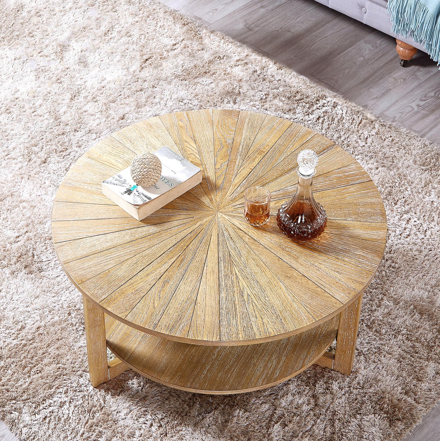 DS-HOMEPORT Round Coffee Table, 35" Circle Wood Coffee Table with Storage Shelf, 2 Tier Center Table for Living Room Apartment Home Furniture, Easy Assembly (Light Brown,35" Dx35 Wx18 H)