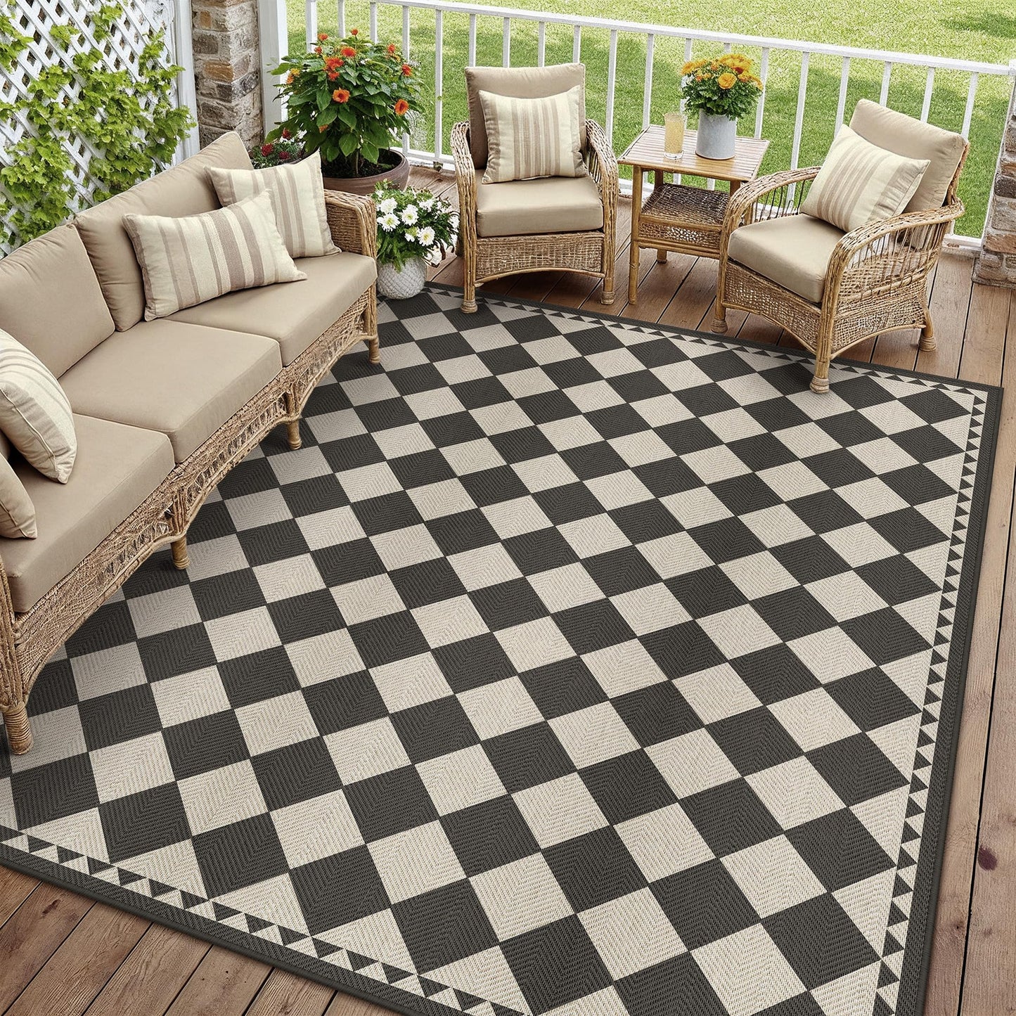 HUGEAR 8x10 Outdoor Rug Black/Beige Linen-Look Fabric Checkered Area Rug High Traffic Stain Resistant Easy Clean Durable Rugs for Indoor/Outdoor Patio Deck Balcony Porch Garden Courtyard