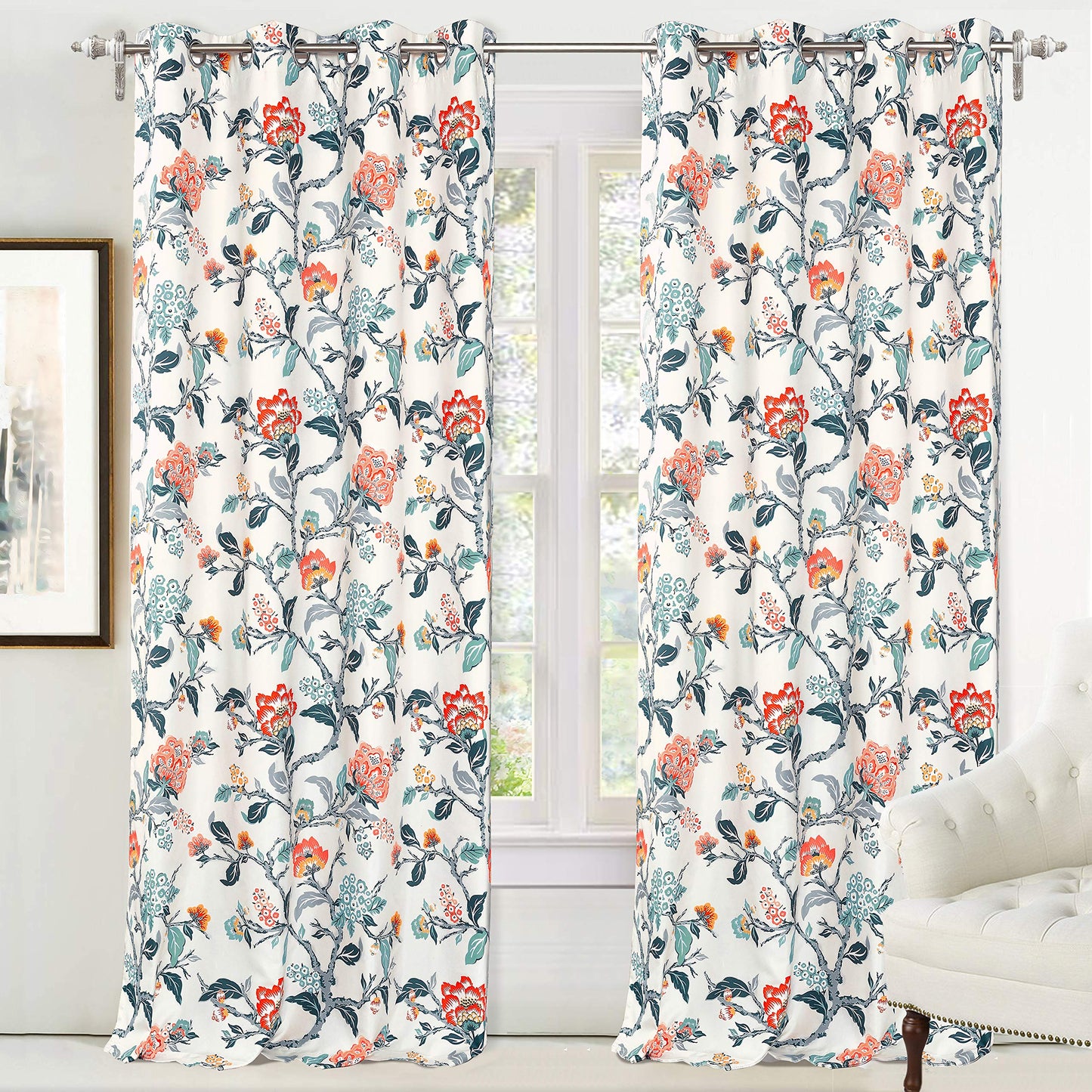 DriftAway Ada Floral Thermal Insulated Double Layer Room Darkening Blackout Curtains Botanical Leaf Flower Printed Patterned Drapes Lined Set of 2 Panels Each 52 Inch by 84 Inch Ivory Orange Teal