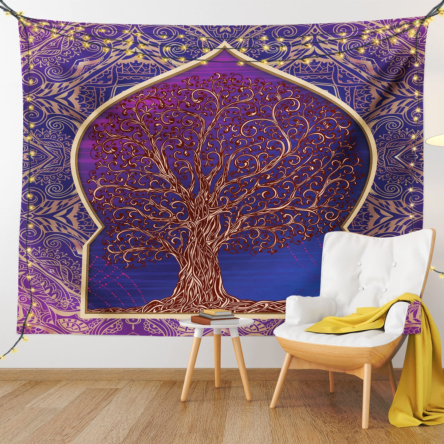 Ambesonne Ethnic Tapestry, Tree with Curved Leafless Branches Exotic Moroccan Arch Retro Art Design Print, Fabric Wall Hanging Decor for Bedroom Living Room Dorm, 28" X 23", Purple and Blue