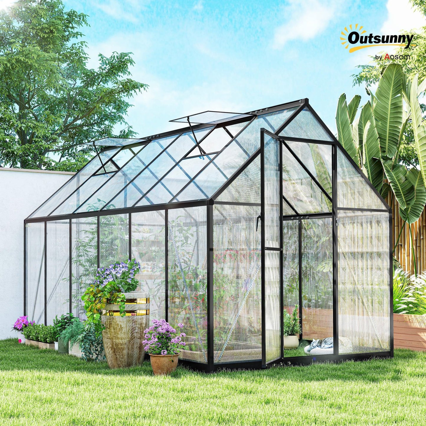 Outsunny 11x6 ft Polycarbonate Greenhouse with Swing Door and Two Adjustable Roof Vents, Aluminum Walk-in Greenhouse Outdoor Greenhouse for Patio Garden Backyard, Black
