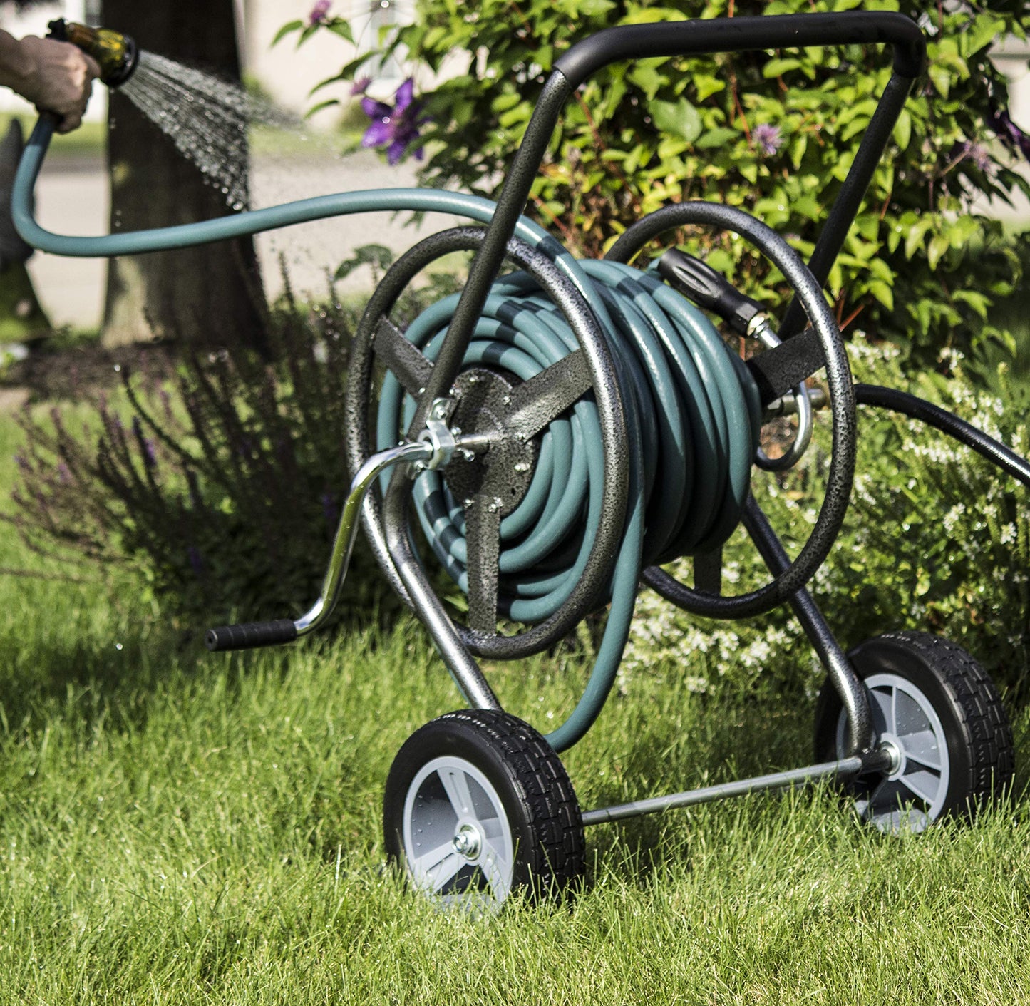 Backyard Expressions 2‑Wheel Garden Hose Reel Cart, Portable Hand‑Crank Hose Reel, Rust‑Resistant Hammertone Gray Finish, Brass Connectors