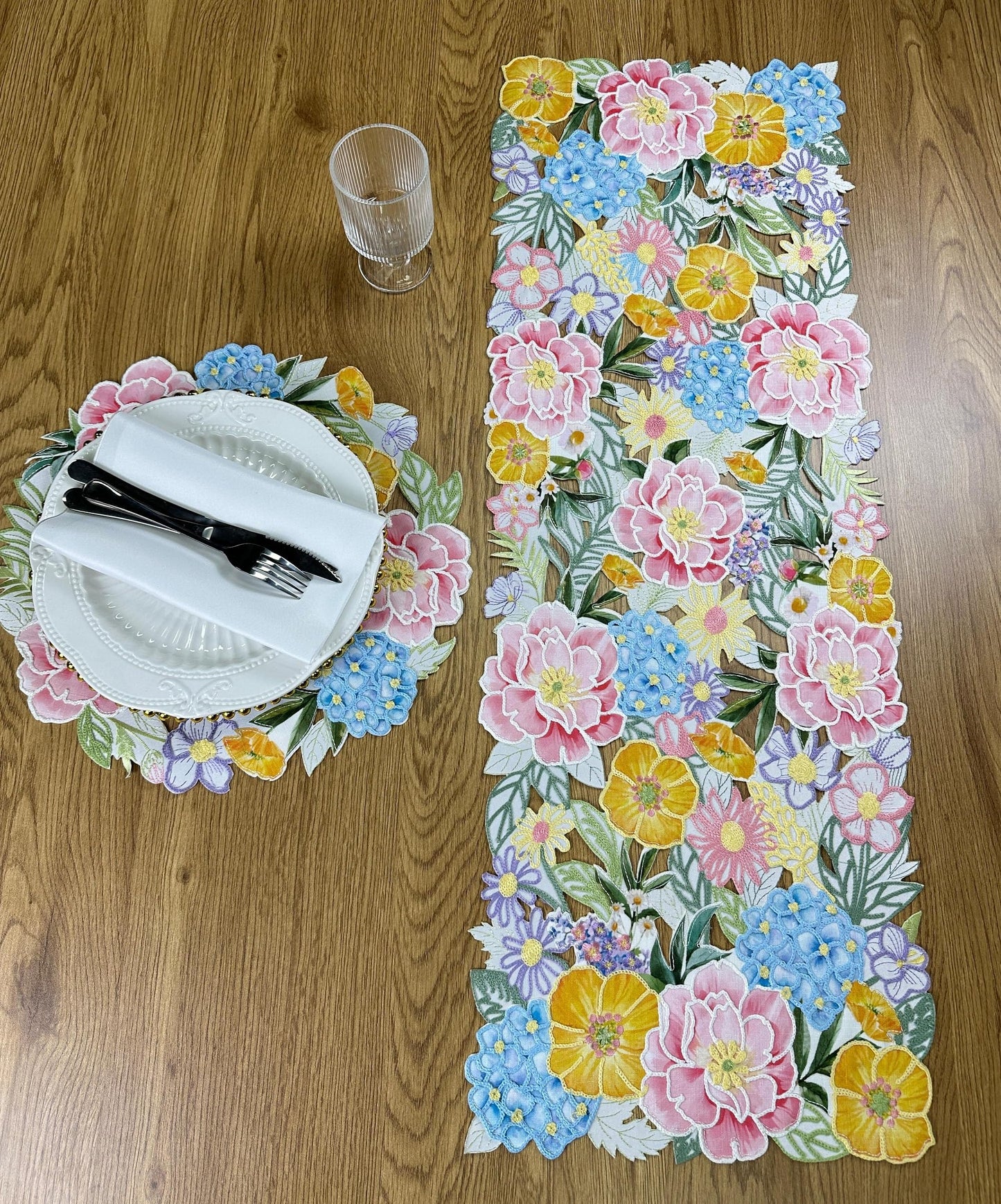 KEVA Floral Spring Table Runner 36inches Long, Flower Cutwork Embroidered Table Runner 13inch x 36inch, Easter Seasonal Spring Table Decorations for Kitchen Dining Table