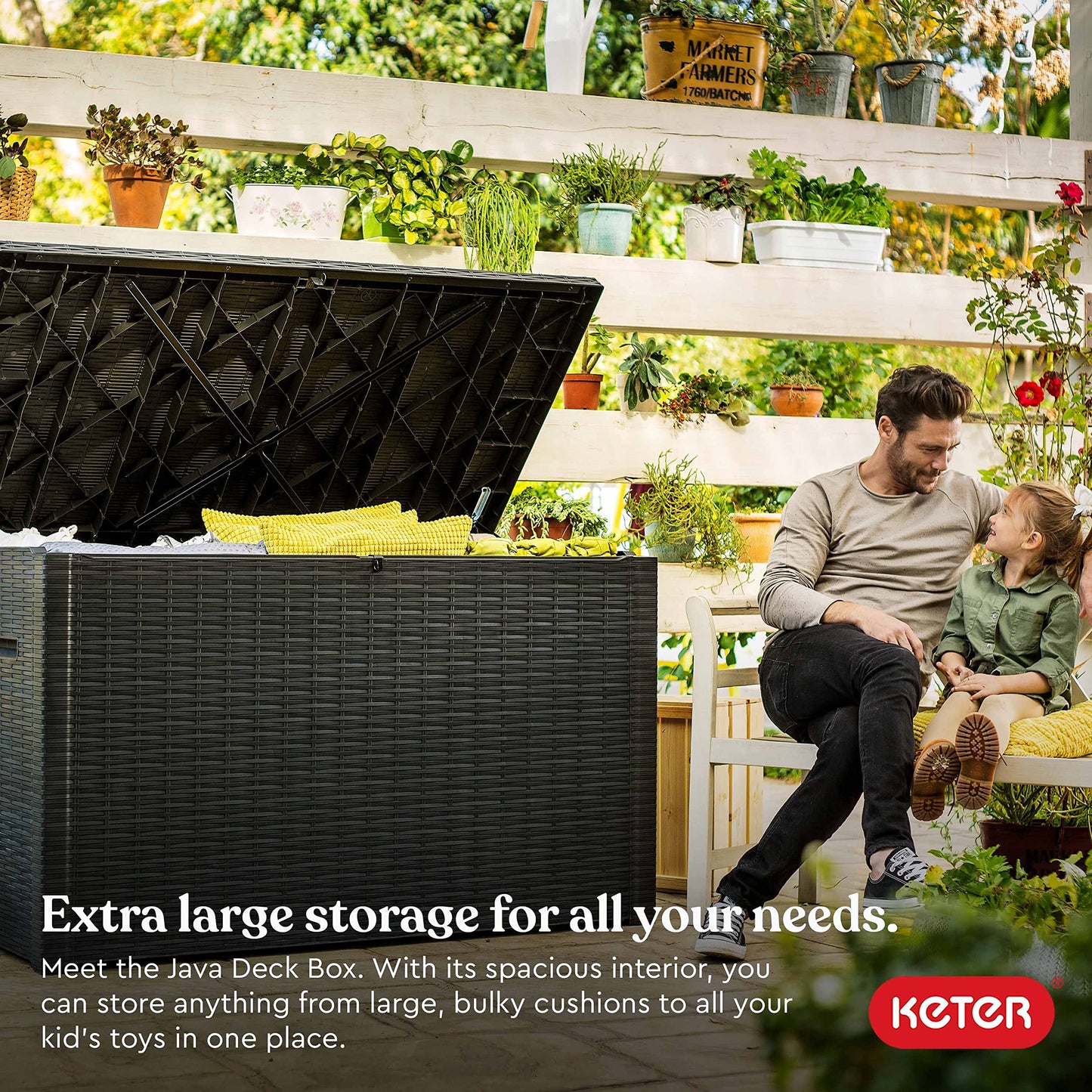 Keter Java XXL 230 Gallon Resin Rattan Look Large Outdoor Storage Deck Box for Patio Furniture Cushions, Pool Toys, and Garden Tools, Dark Grey