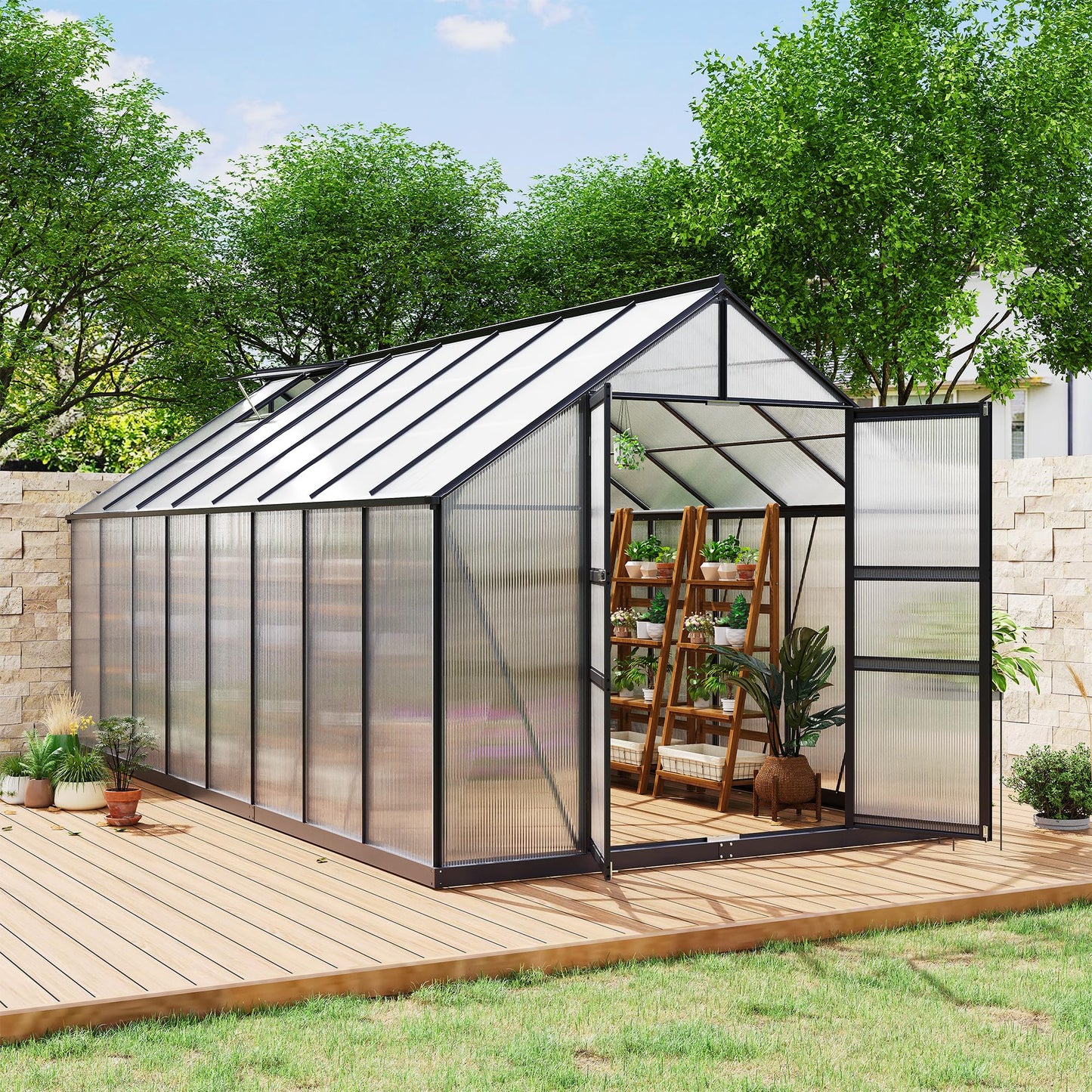 GarveeLife 8*16 ft Outdoor Walk-in Greenhouse, Polycarbonate Green House, Heavy Duty Greenhouse with Vented Roof Window, Windproof Aluminum Frame, Suitable for Outside Gardening, Backyard, Patio