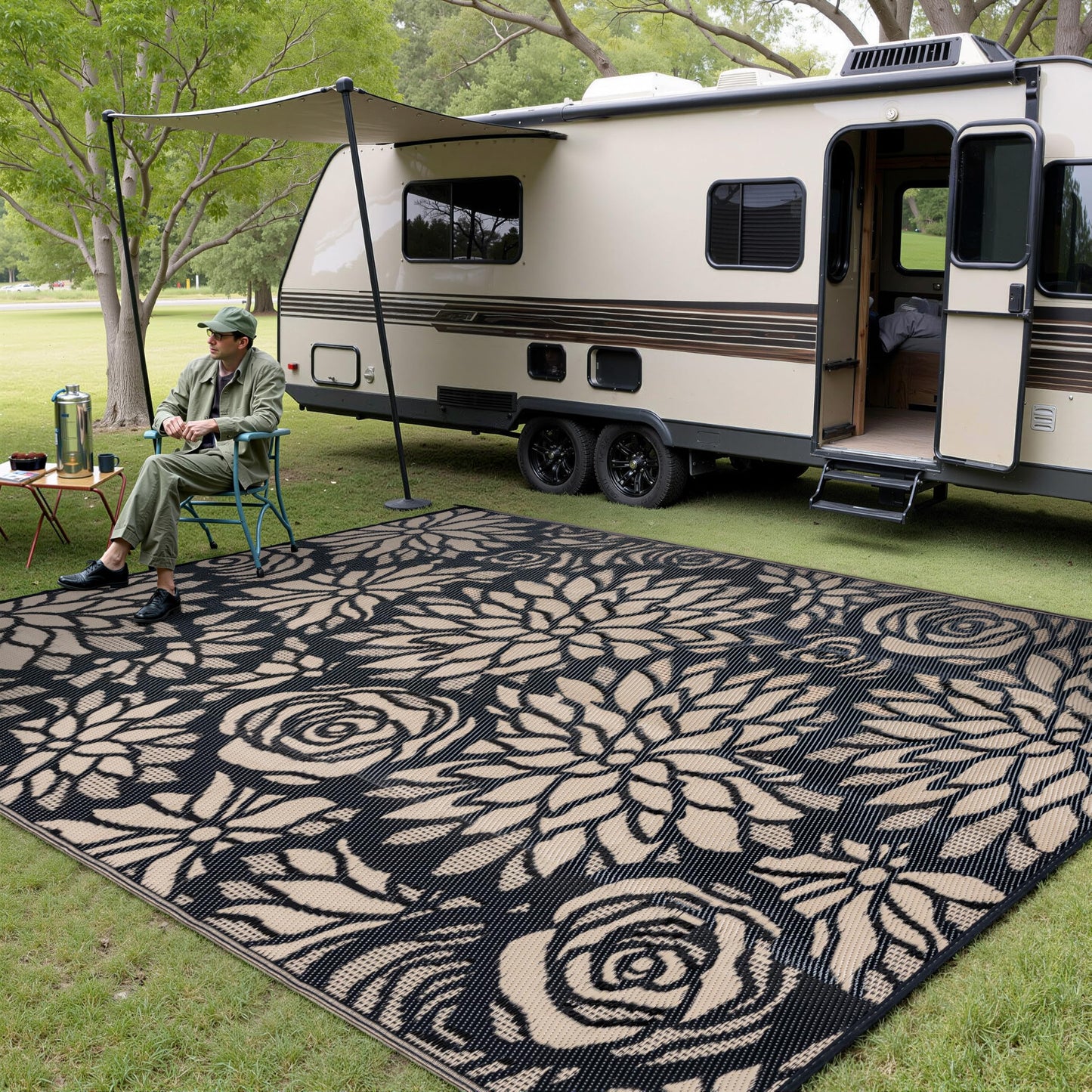 WondRg Outdoor Plastic Straw Rug Waterproof Patio 9x12 Black Brown Floral Mat for Porch Camping RV Balcony Deck Courtyard Reversible Lightweight Durable Portable Carpet