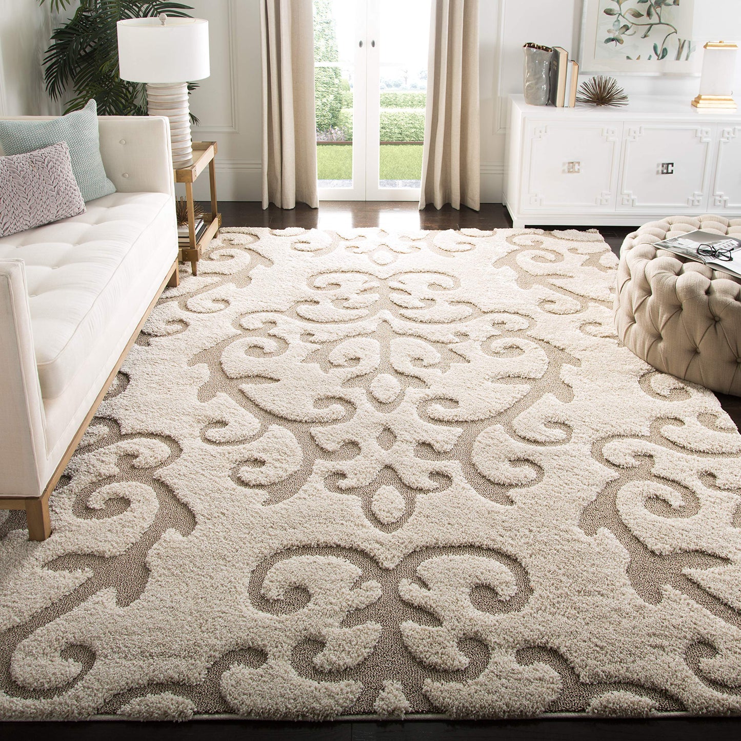 SAFAVIEH Florida Shag Collection Area Rug - 5'3" x 7'6", Cream & Beige, Scroll Design, Non-Shedding & Easy Care, 1.2-inch Thick Ideal for High Traffic Areas in Living Room, Bedroom (SG470-1113)