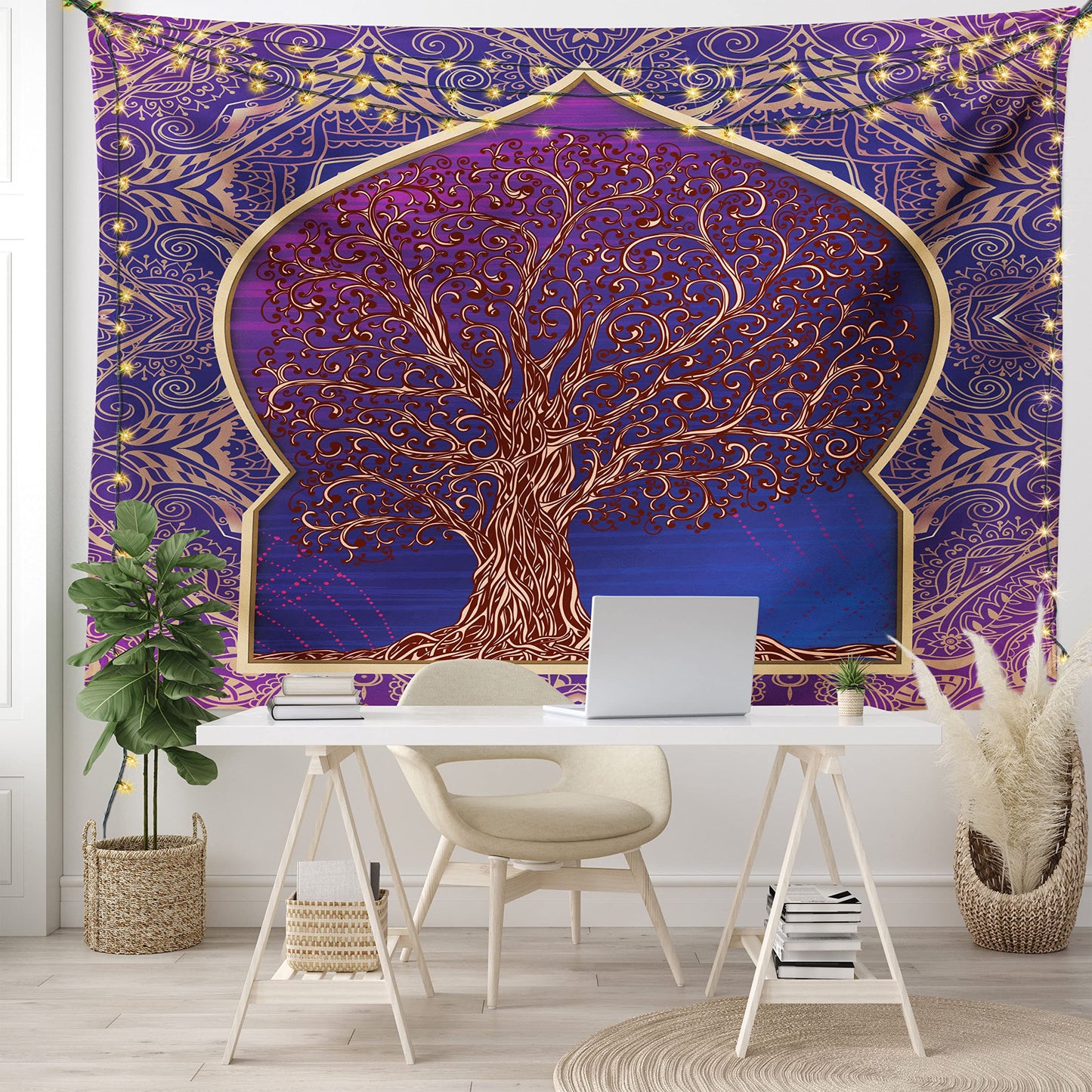 Ambesonne Ethnic Tapestry, Tree with Curved Leafless Branches Exotic Moroccan Arch Retro Art Design Print, Fabric Wall Hanging Decor for Bedroom Living Room Dorm, 28" X 23", Purple and Blue
