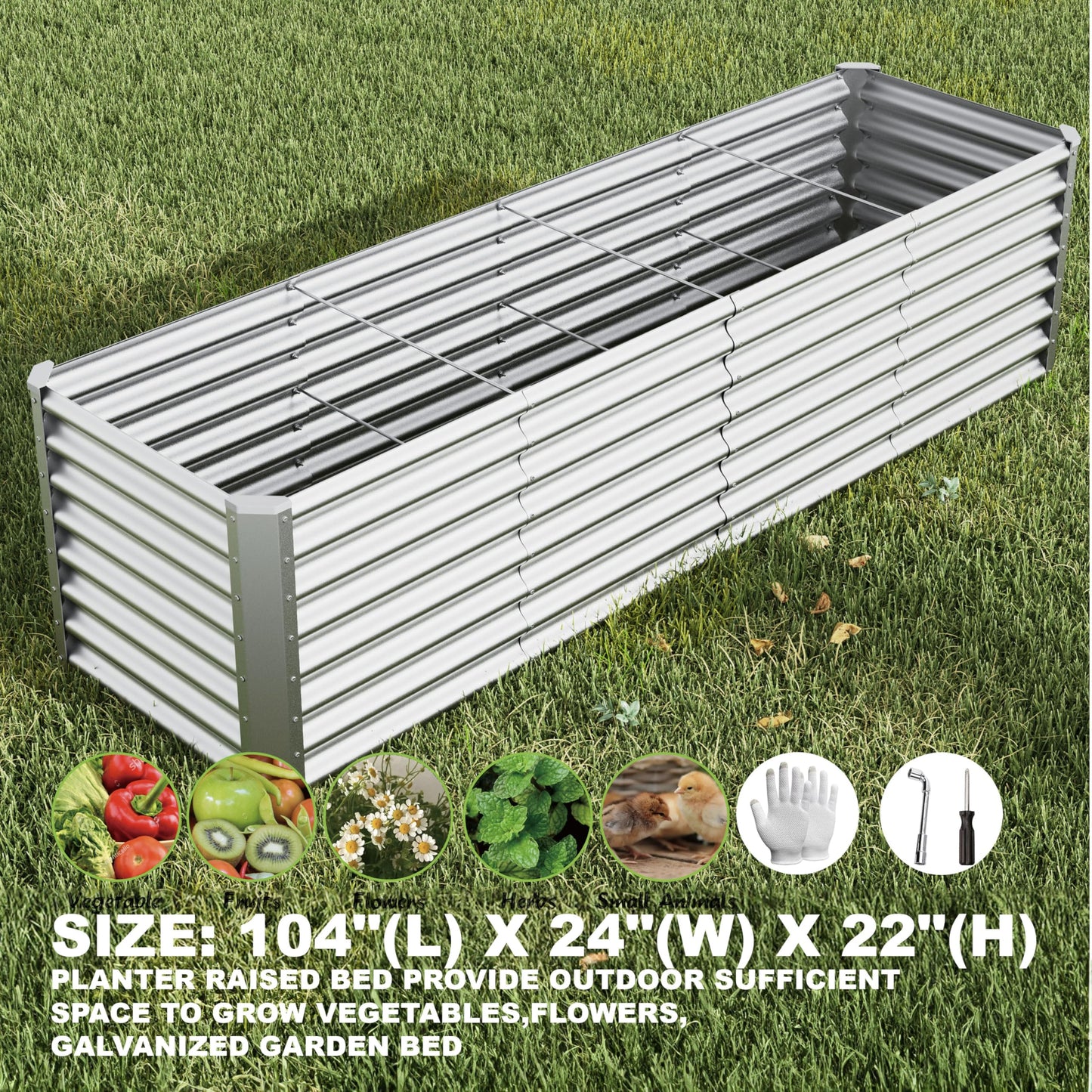 Kinddeer 8x2x2ft Raised Garden Bed Kit, Galvanized Planter Garden Boxes Outdoor, Metal Raised Garden Beds for Vegetables,Fruits, Flower,Silver