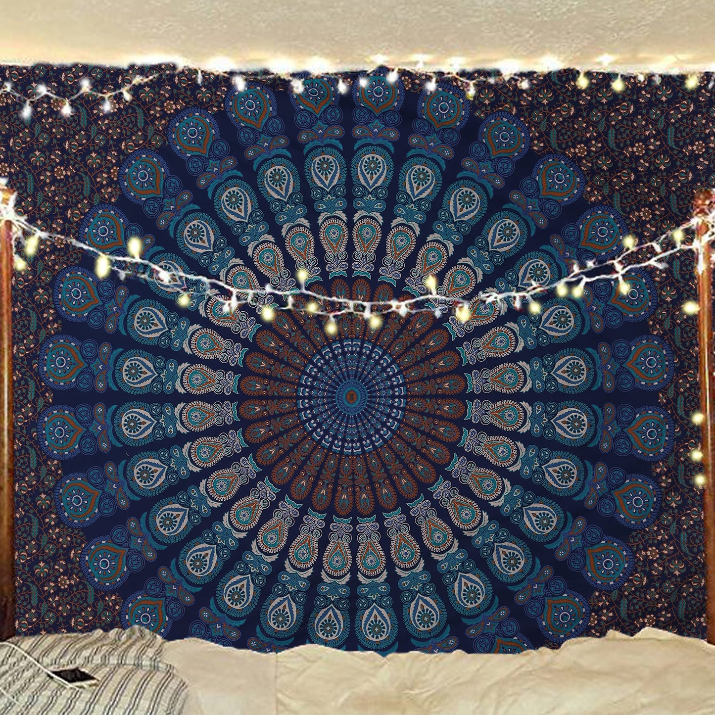 Bless International Handmade Indian hippie Bohemian Psychedelic Peacock Mandala Wall hanging College Dorm Beach Throws Table Cloth Bedding Tapestry (Blue Green, Queen(84x90Inches)(215x230Cms))