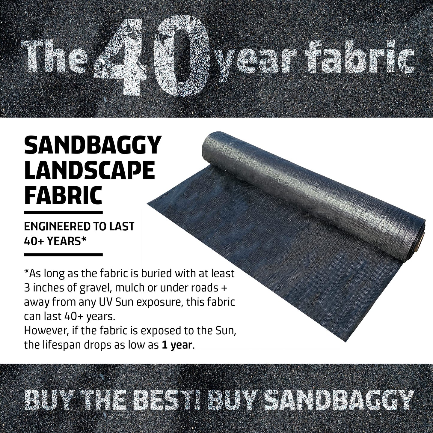 Sandbaggy 6 Feet Landscape Fabric | 40 Year Fabric | Weed Mat, Ground Cover, Garden Tarp | Trusted by Farmers & Contractors Across America (6 ft x 300 ft Roll)