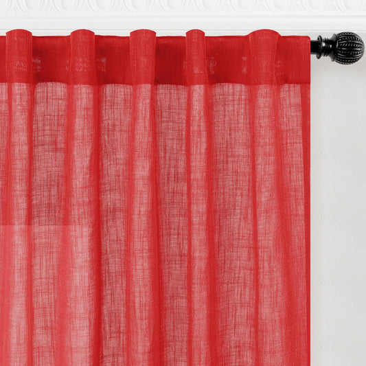 decorUhome Linen Semi Sheer Curtains 90 Inch Long, 2 Panels Light Filtering Curtains Drapes with Rod Pocket and Back Tab for Living Room Bedroom Farmhouse Christmas Decor, Red, W52 x L90
