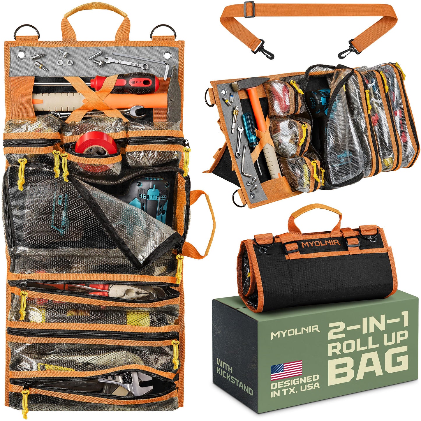 Myolnir Roll Up Tool Bag Organizer With Kickstand - Full-Size 25" Heavy Duty Tool Roll Bag - Portable Rollup Toolbag With Magnetic Panels & Transparent Pockets - Mechanic & Electrician