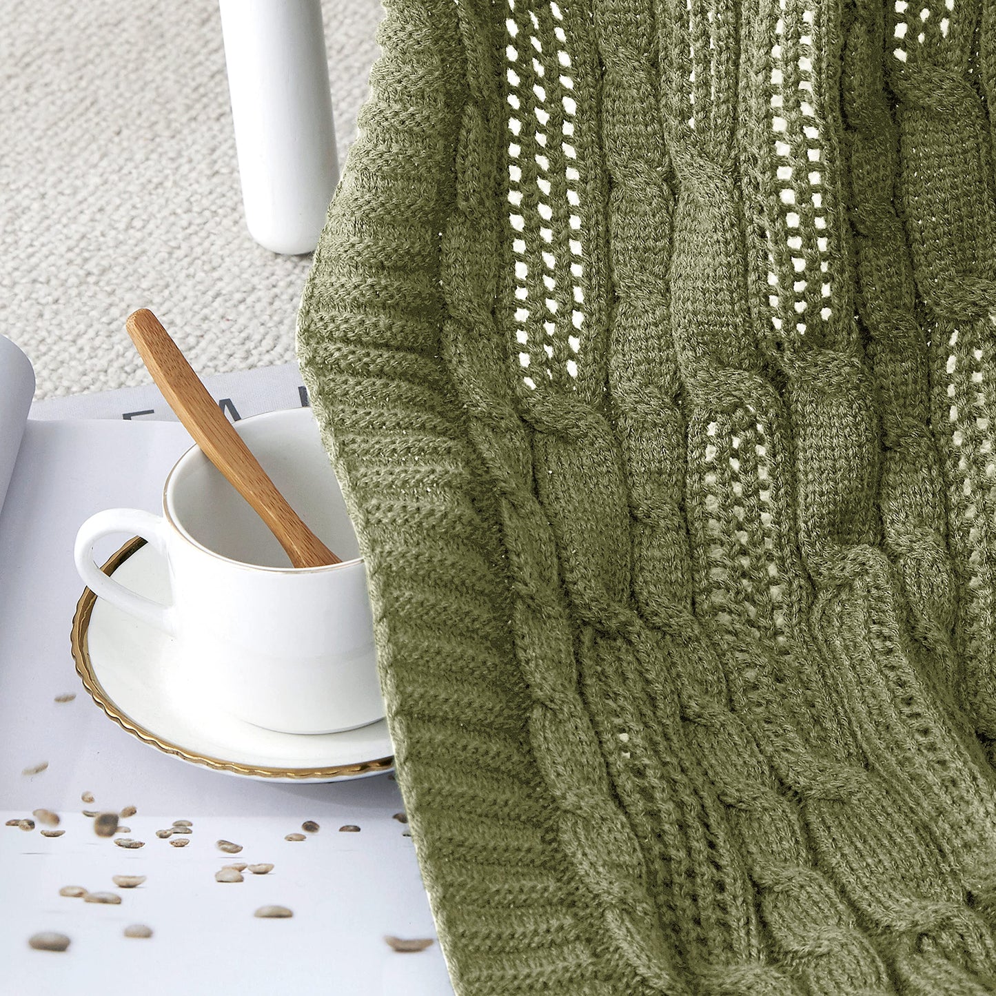 Aormenzy Cable Knit Throw Blankets 30 x 40 Inches, Soft Cozy and Lightweight Knitted Blanket, Machine Washable 100 Percent Acrylic Blanket, Decorative Throw Blanket for Couch Sofa Bed, Olive Green