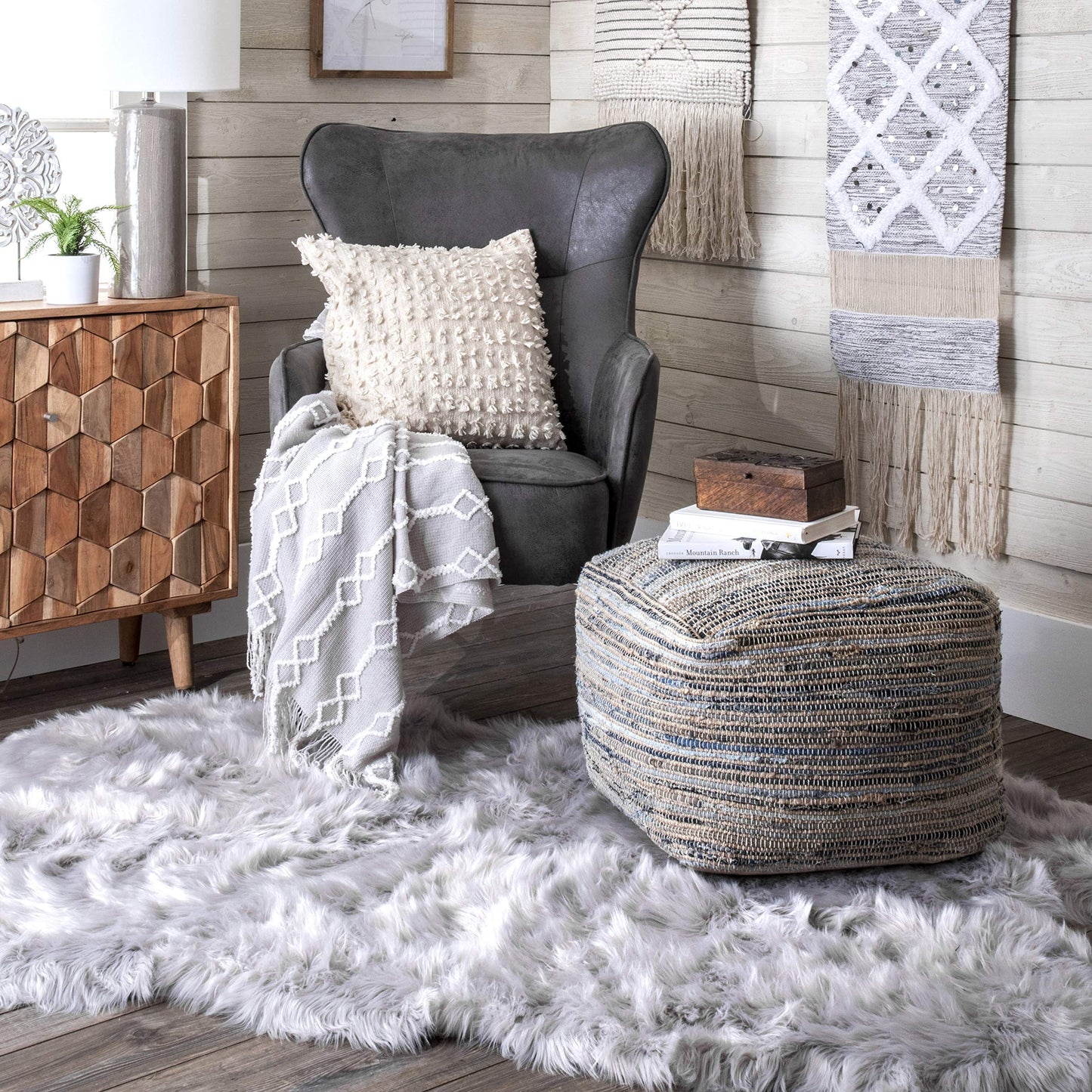 nuLOOM Granada Knitted Casual Denim and Jute Ottoman Pouf
