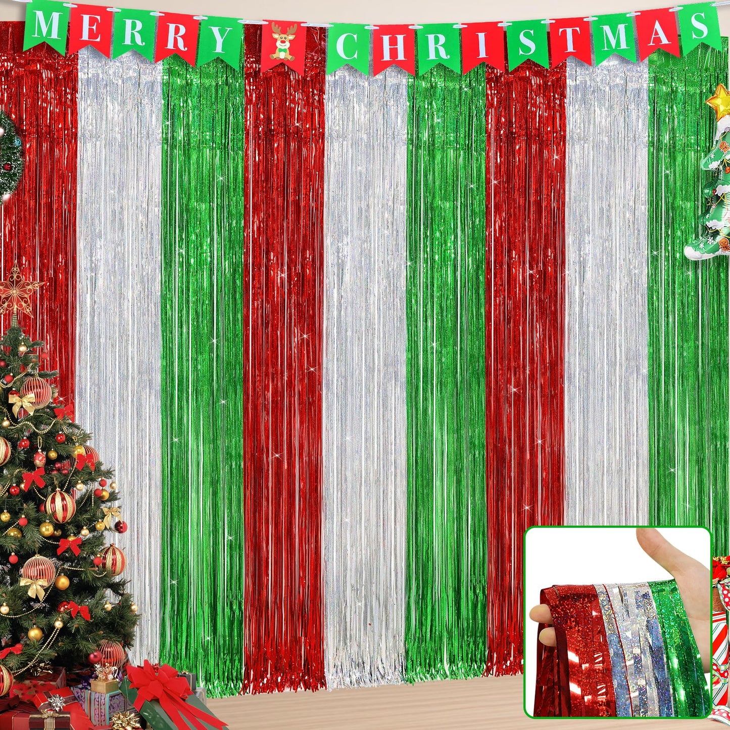 3 Pack Christmas Party Decorations Foil Fringe Curtains,3.3 X 6.6ft Red Silver Green Christmas Tinsel Metallic Backdrop Streamers Photobooth Props for Xmas Holidays Birthday Party Wall Decoration