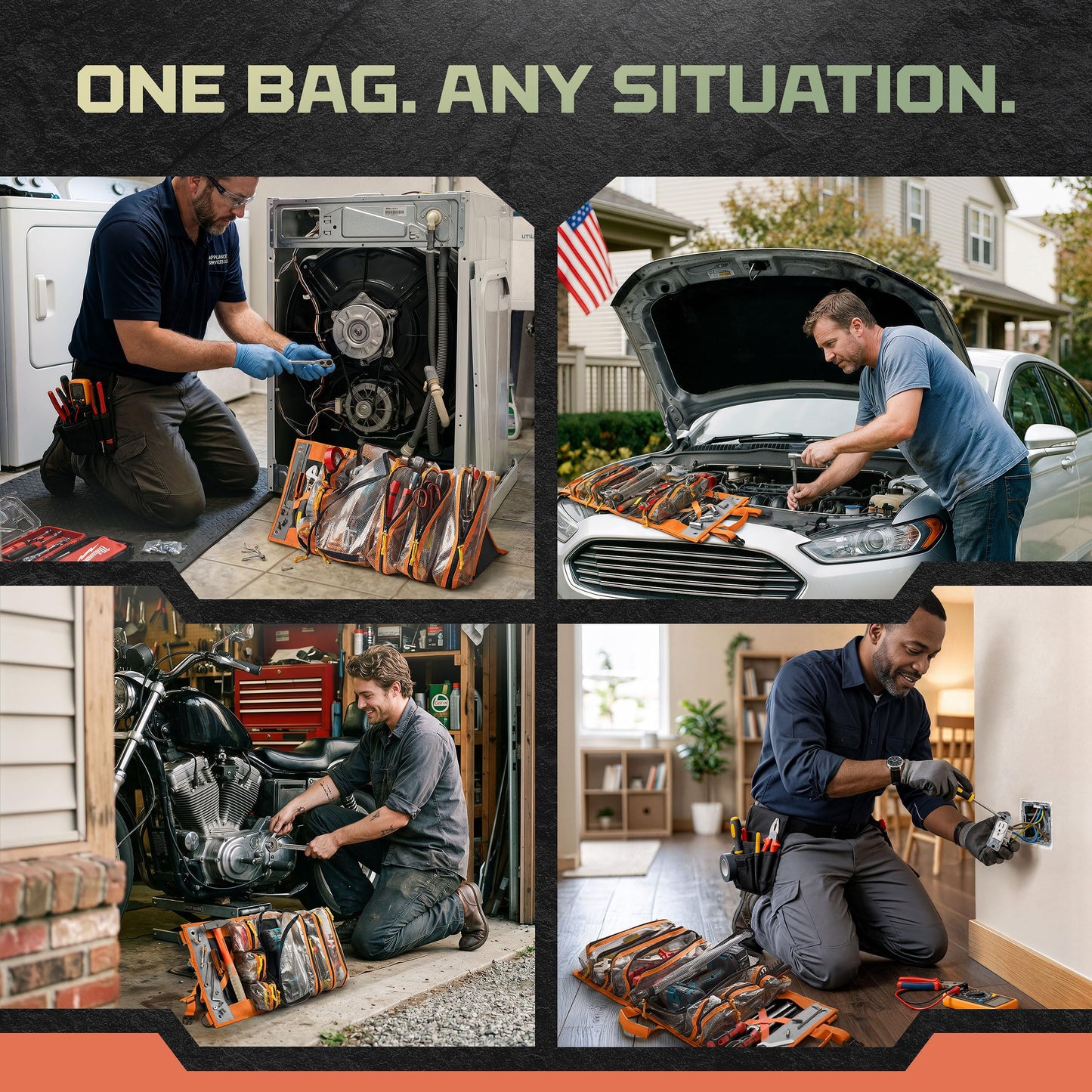 Myolnir Roll Up Tool Bag Organizer With Kickstand - Full-Size 25" Heavy Duty Tool Roll Bag - Portable Rollup Toolbag With Magnetic Panels & Transparent Pockets - Mechanic & Electrician