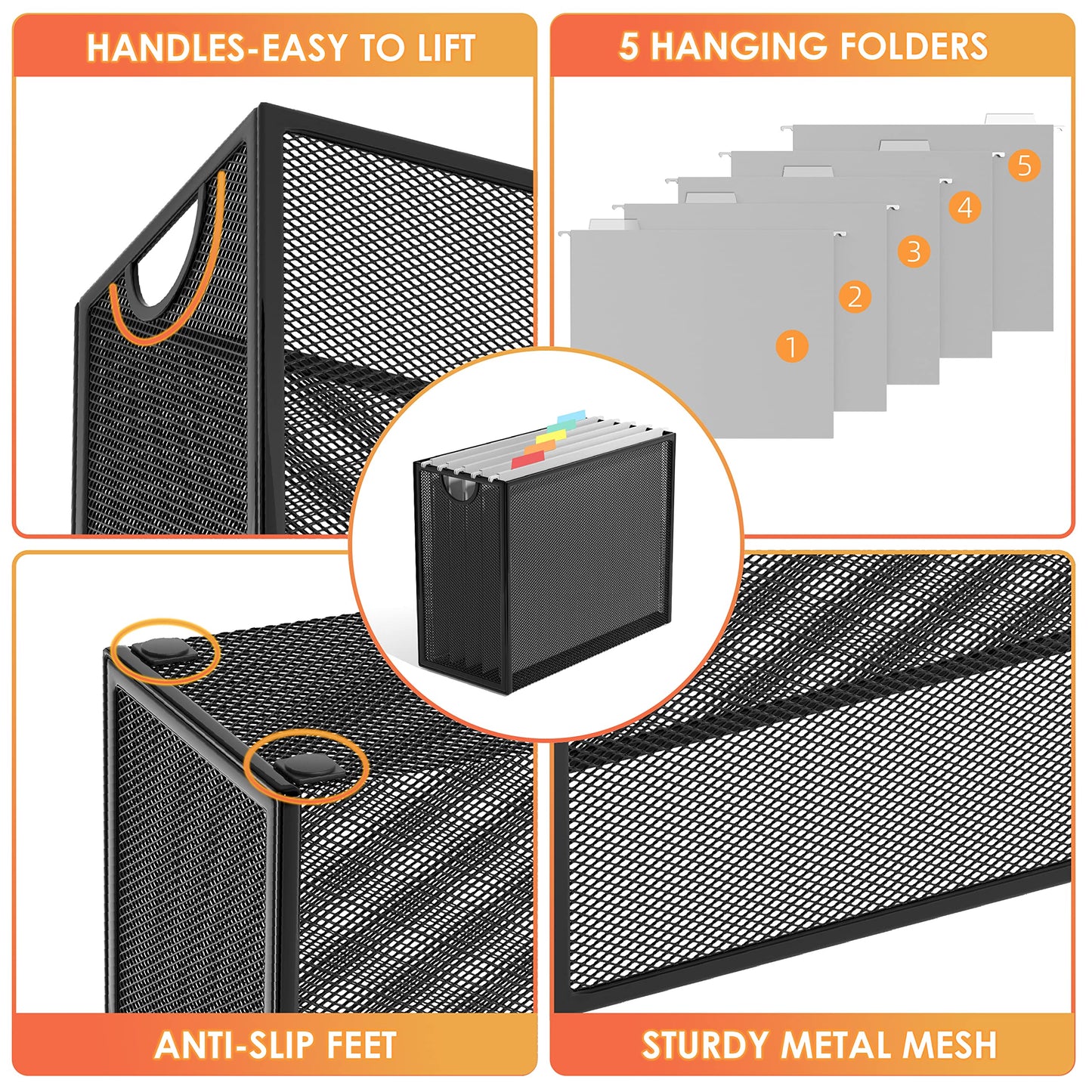 Sinboun Hanging File Organizer Letter-Size File Holder Filing Box Includes 5 Hanging Folders - Metal Mesh Magazine Letter Storage Cabinets File Cart for Office Home School, No Assembly Required