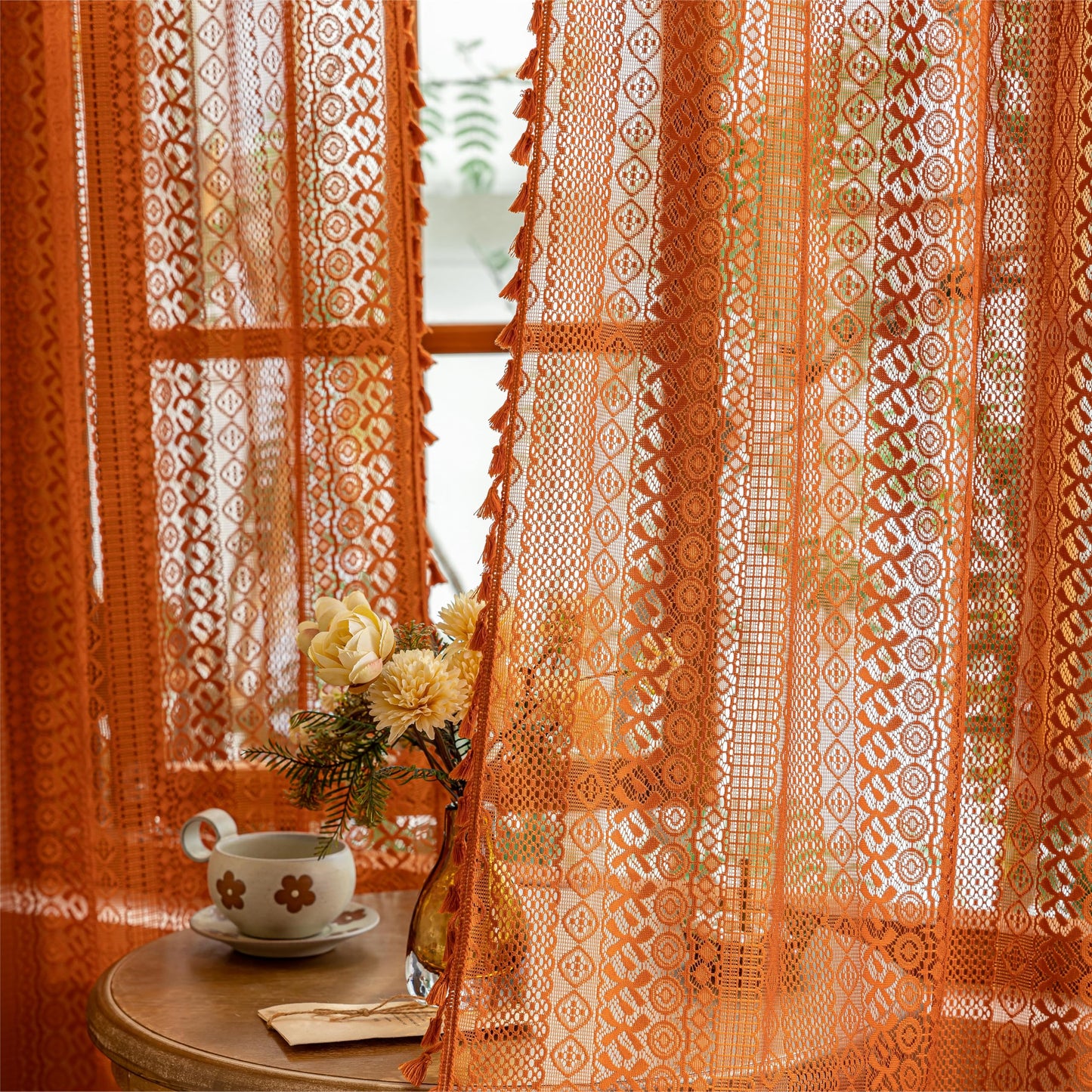 Sutuo Home Terracotta Boho Lace Curtains 2 Panels 84 Inches Long for Living Room&Bedroom, Burnt Orange Crochet Privacy Farmhouse Vintage Tassels Retro Halloween Window Sheer Curtains Rod Pocket,50" W