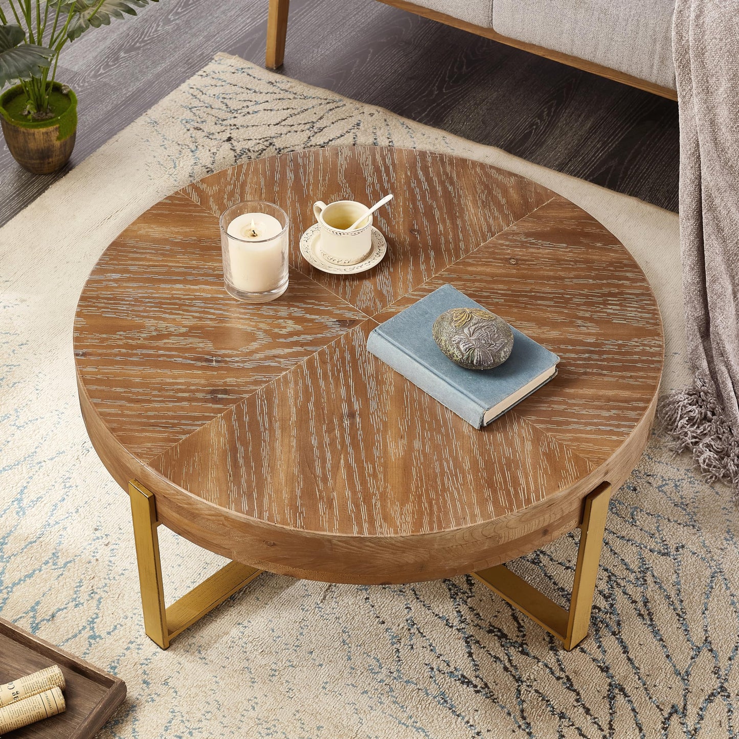DS-HOMEPORT Round Wood Coffee Table for Living Room - Circle Wooden Coffee Table with Gold Metal Legs, Rustic, Vintage, Easy Assembly(Espresso,32.28" D x 32.28" W x 17.72" H)