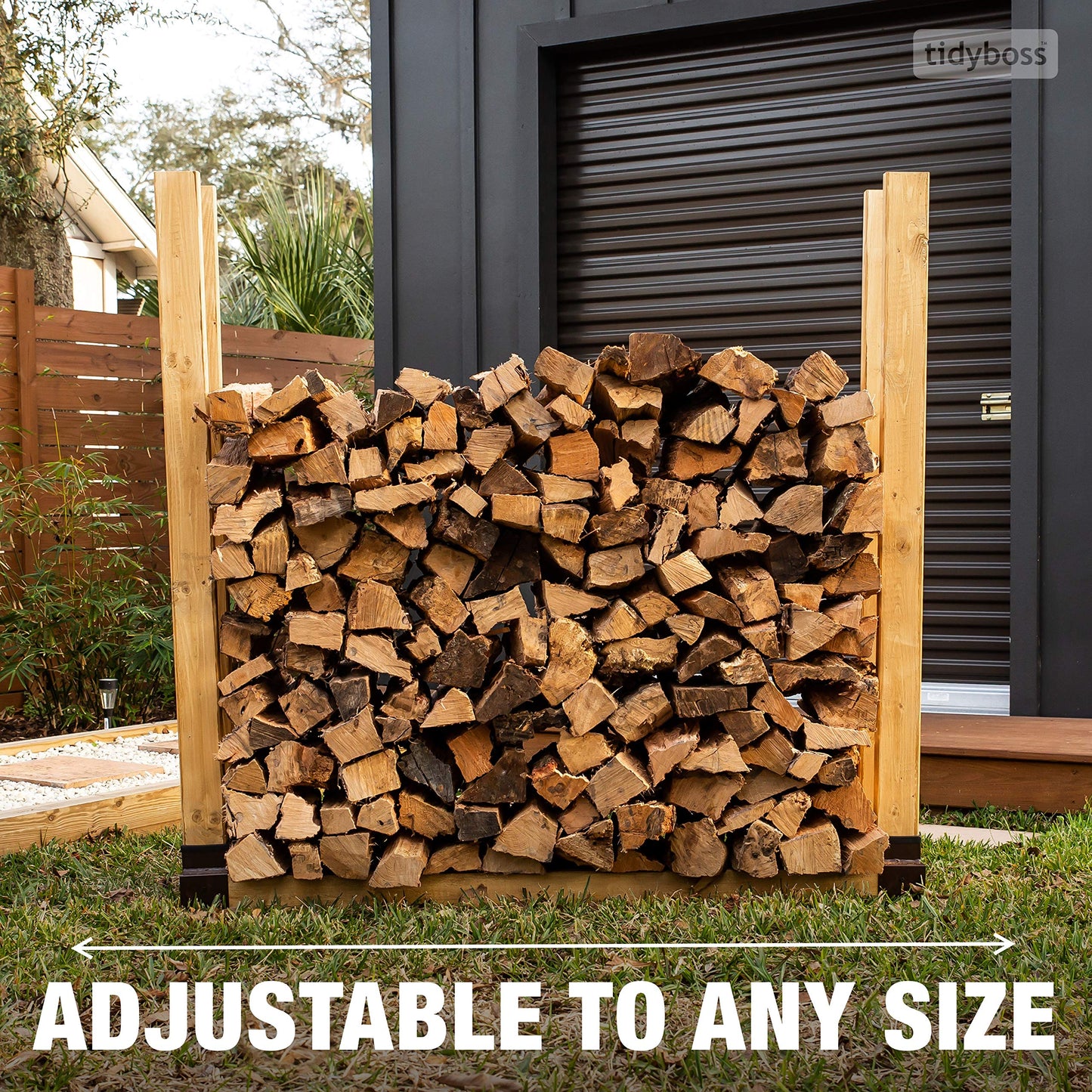 TIDYBOSS 2 Pack Firewood Rack Outdoor | 2x4 Brackets for Wood | Lumber Storage Rack Log Holder | Adjustable to any Length with Seal Strip, Gloves, Steel Plates and Screws (Dark Brown)